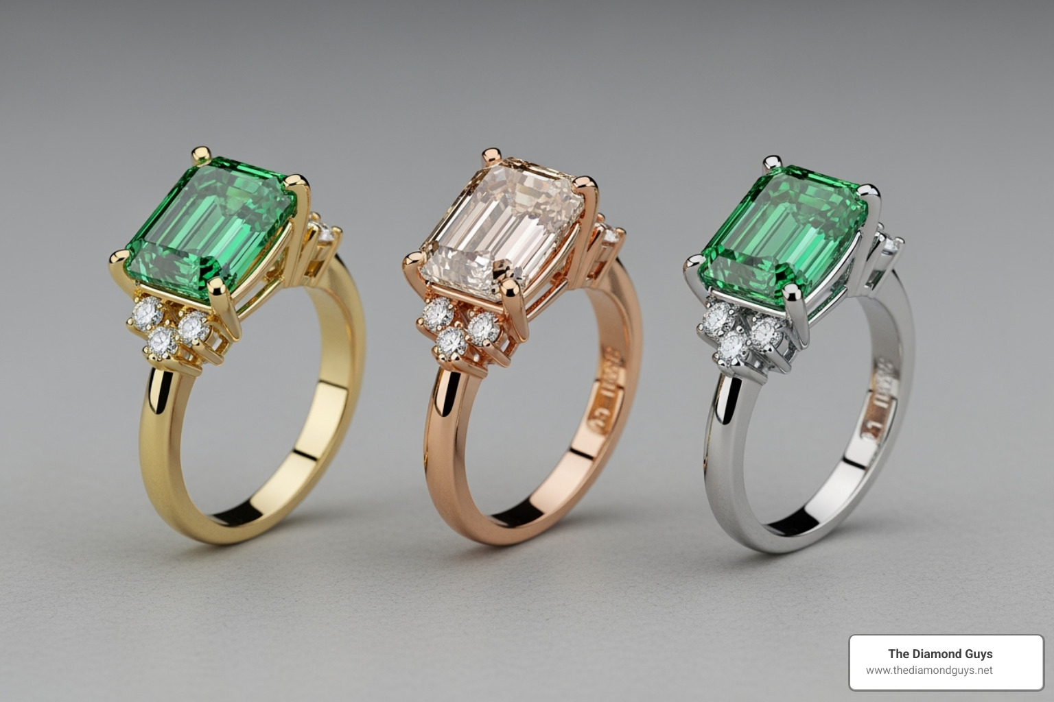 of three different green diamond rings in yellow gold, rose gold, and platinum settings. - lab created green diamond