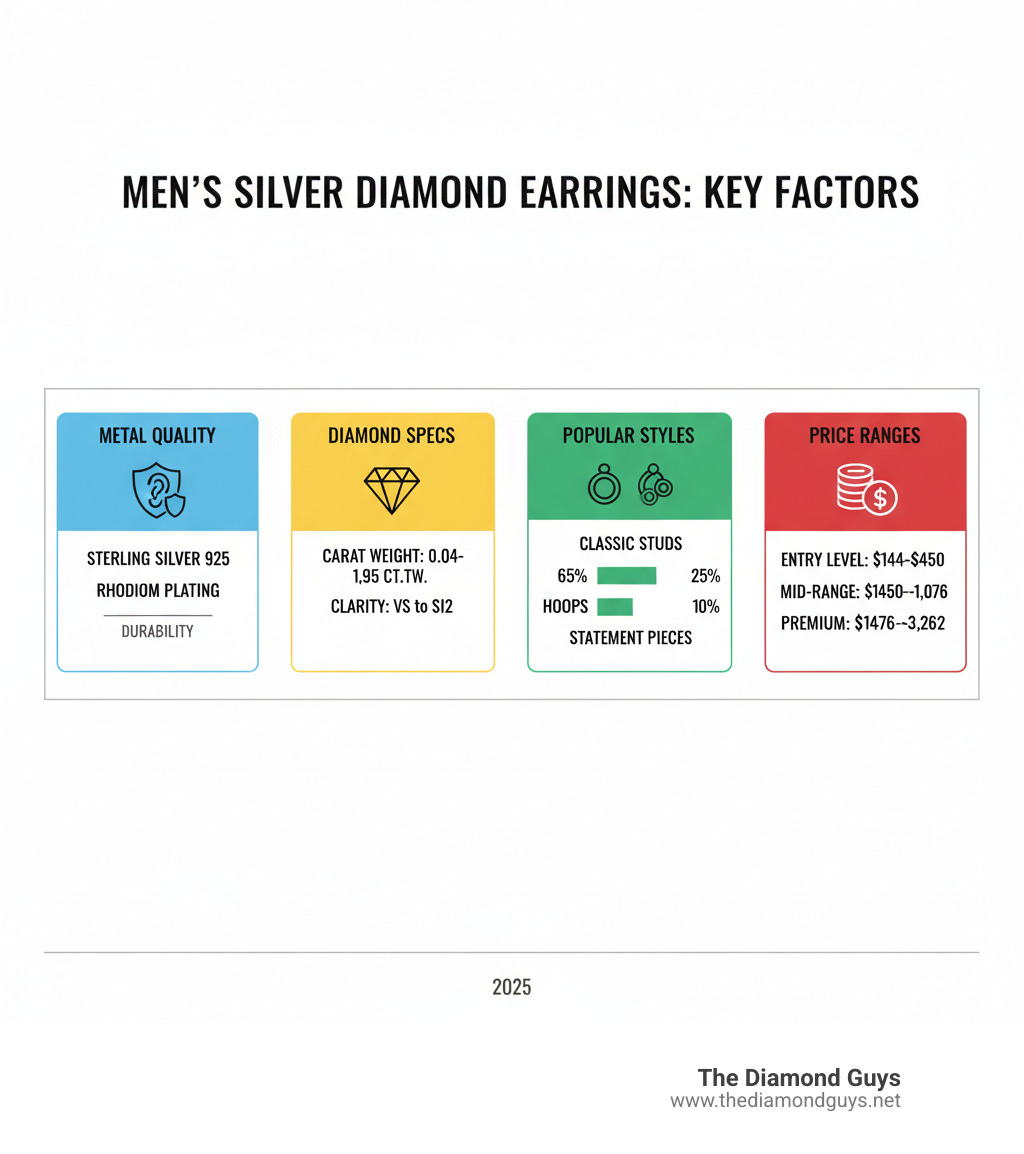 Infographic showing the key factors when choosing silver diamond earrings for men: Metal Quality (Sterling Silver 925 with rhodium plating for durability), Diamond Specifications (Carat Weight from 0.04 to 1.95 CT.TW., with clarity grades VS to SI2), Popular Styles (Classic Studs 65%, Hoops 25%, Statement Pieces 10%), and Price Ranges (Entry Level $144-$450, Mid-Range $450-$1,076, Premium $1,076-$3,262) - silver diamond earrings mens infographic 