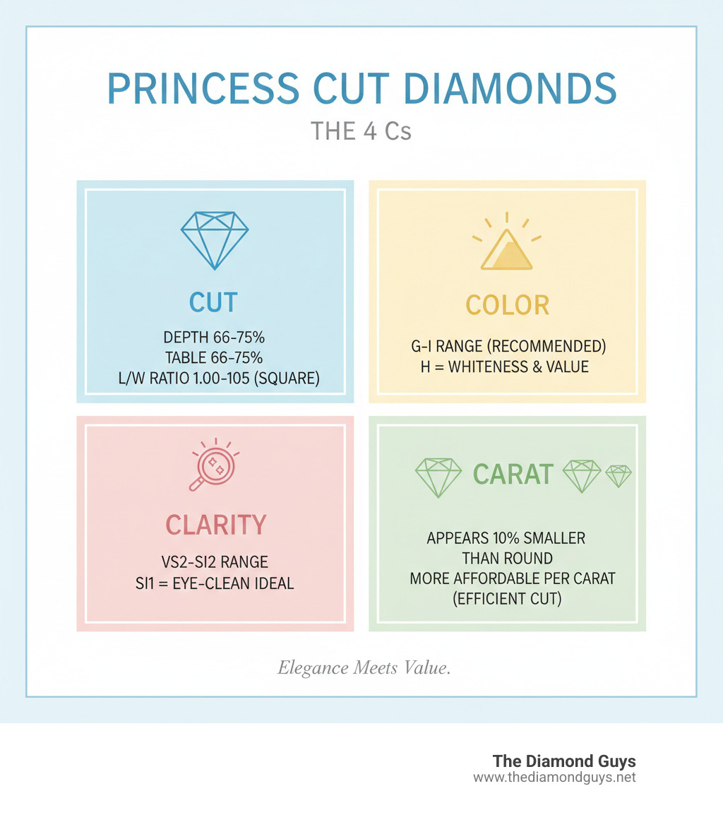 Infographic showing the 4 Cs of diamonds for Princess Cut Engagement Rings: Cut (depth 66-75%, table 66-75%, length-to-width ratio 1.00-1.05 for square appearance), Color (G-I range recommended, with H offering best balance of whiteness and value), Clarity (VS2-SI2 range, with SI1 eye-clean being ideal), and Carat (appears 10% smaller than round brilliant of same weight due to corners, but efficient cutting makes it more affordable per carat) - Princess cut engagement ring infographic 