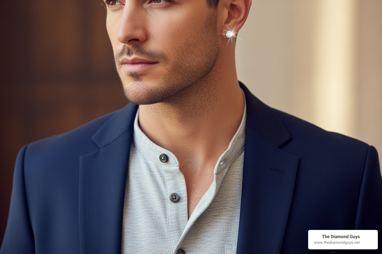 A stylish man wearing a silver diamond stud earring, paired with a smart blazer and a casual shirt, demonstrating versatile styling. - silver diamond earrings mens