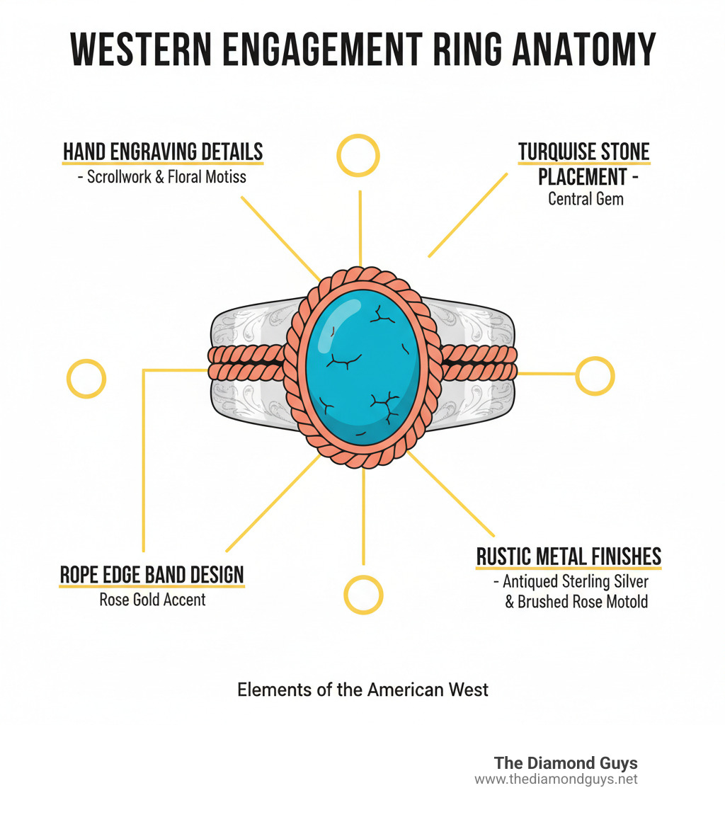 infographic showing western engagement ring anatomy with labeled callouts for hand engraving details, turquoise stone placement, rope edge band design, and rustic metal finishes in sterling silver and rose gold - western engagement rings infographic 