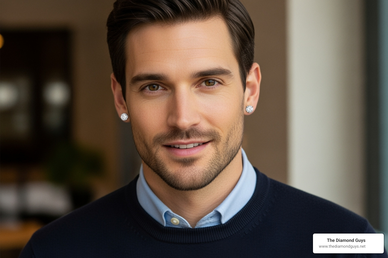 A man wearing classic round-cut silver diamond stud earrings, paired with a smart casual outfit. - silver diamond earrings mens