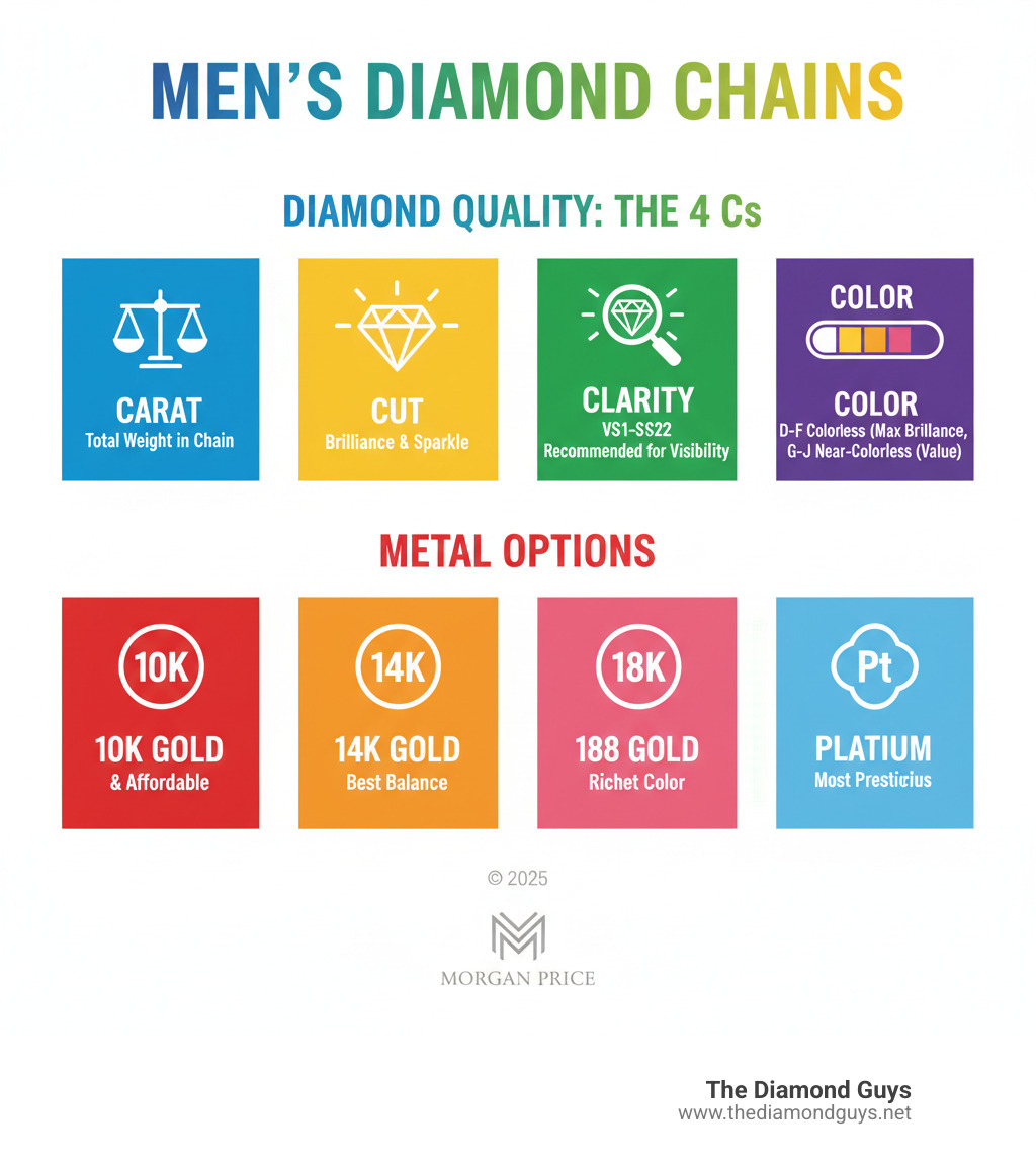 Infographic showing the 4Cs of diamonds for men's chains: Carat (total weight in chain), Cut (brilliance and sparkle), Clarity (VS1-VS2 recommended for visibility), and Color (D-F colorless for maximum brilliance, G-J near-colorless for value), plus metal options (10K gold most durable and affordable, 14K gold best balance, 18K gold richest color, platinum most prestigious) - male diamond chain infographic 
