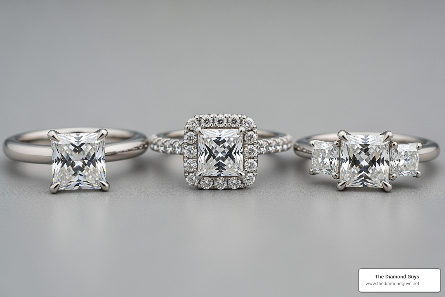 Three different princess cut rings side-by-side: a solitaire, a halo, and a three-stone - Princess cut engagement ring