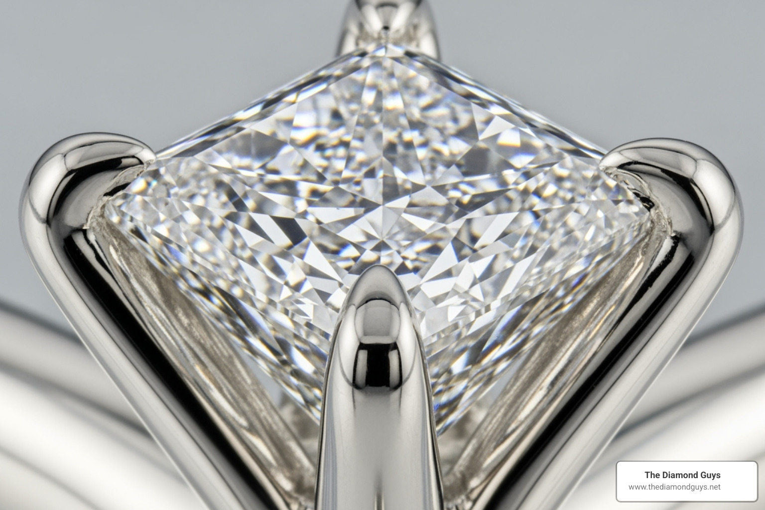 Close-up on a V-prong setting protecting a princess cut corner - Princess cut engagement ring