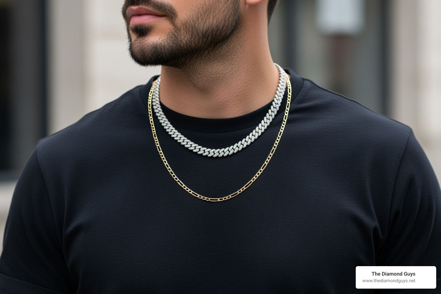 man layering a diamond chain with a simple gold chain - male diamond chain