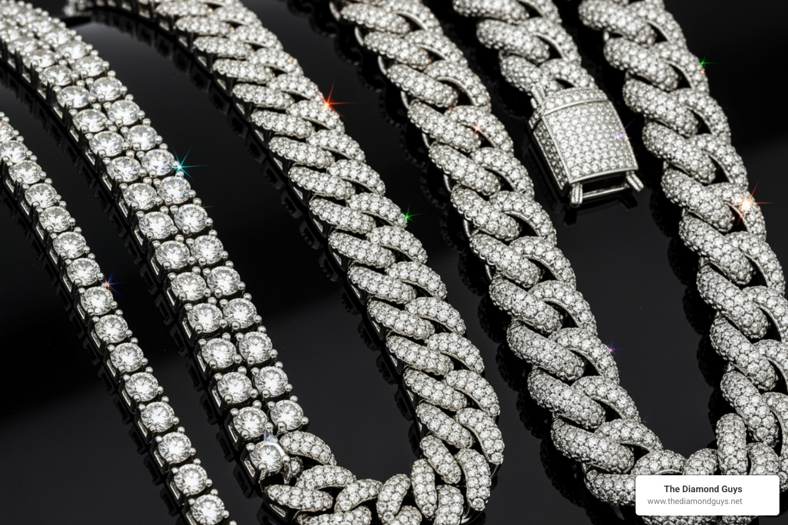 different diamond chain styles side-by-side (Tennis, Cuban, Rope) - male diamond chain