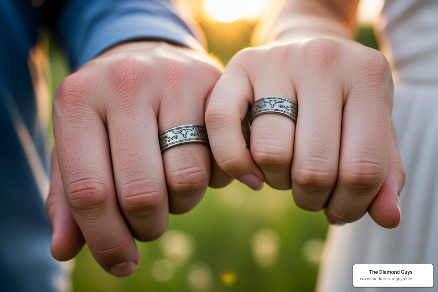 couple's hands, wearing matching western wedding bands, holding hands outdoors - western engagement rings