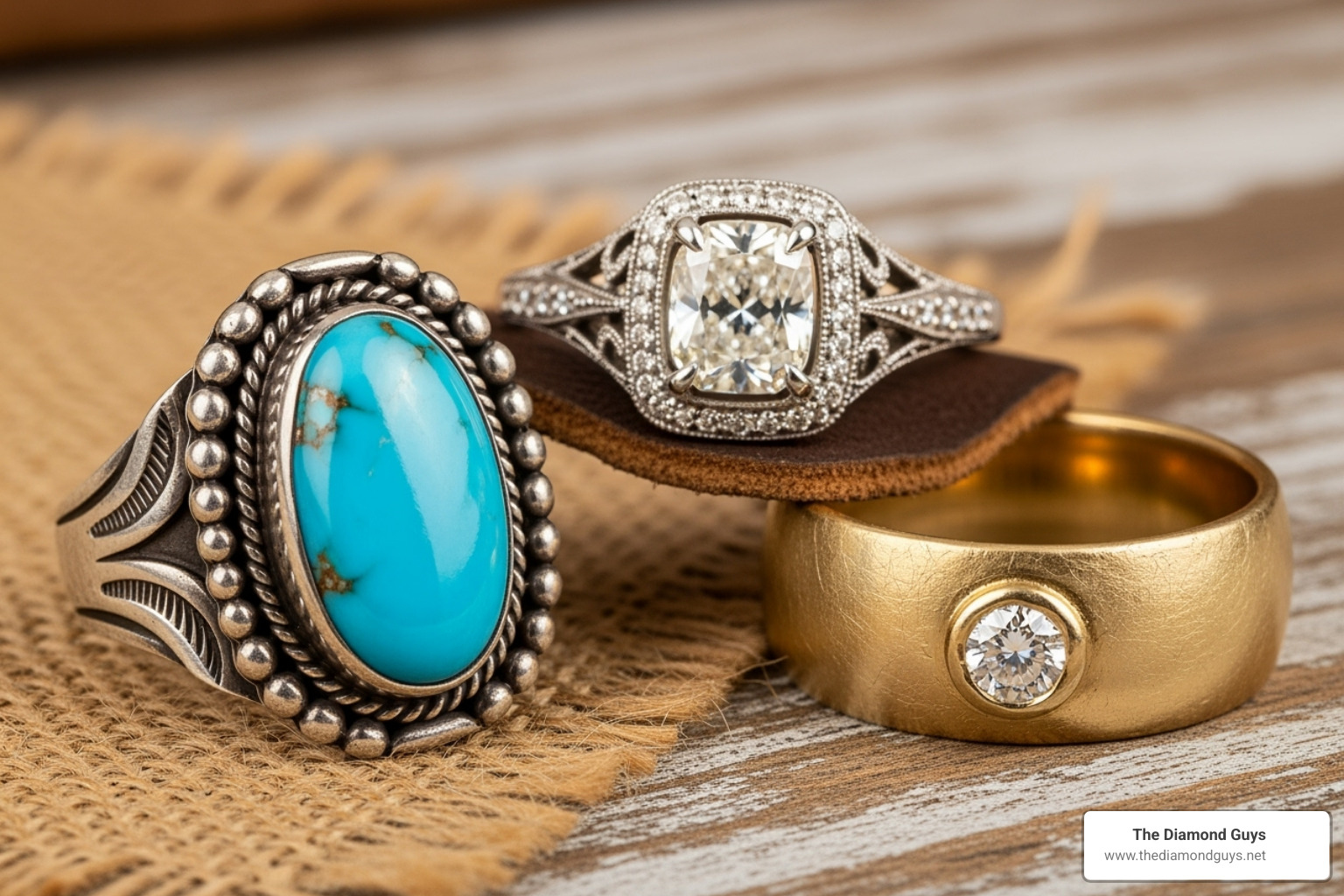 collection of different western ring styles, including a turquoise ring, a rustic band, and a vintage-inspired design - western engagement rings