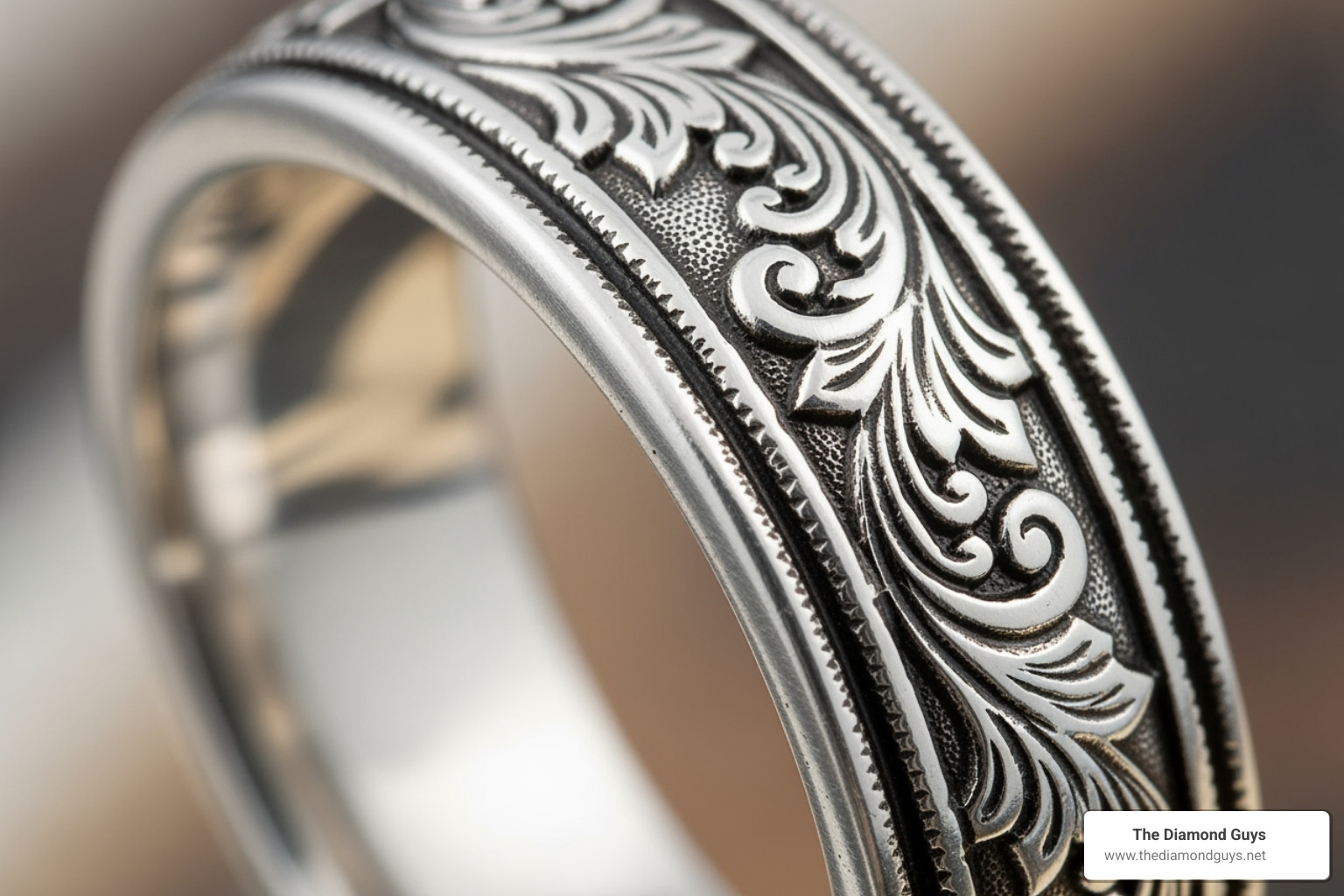 close-up shot showcasing intricate hand-engraving on a silver ring band - western engagement rings