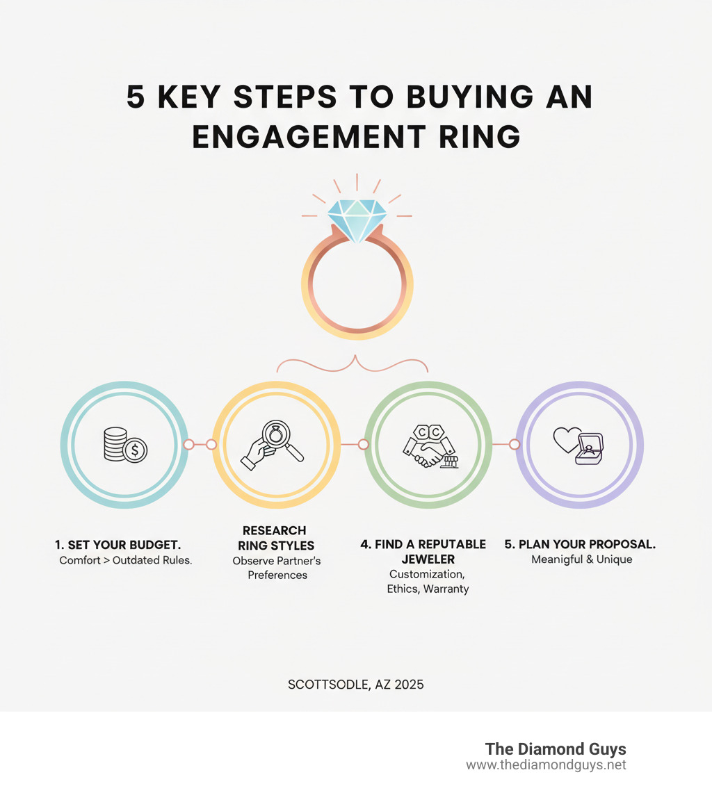 infographic showing the 5 key steps to buying an engagement ring: 1. Set Your Budget based on what's comfortable for you, not outdated rules. 2. Research Ring Styles by observing your partner's jewelry preferences. 3. Learn the 4Cs of diamonds: Cut, Color, Clarity, and Carat weight. 4. Find a Reputable Jeweler who offers customization, ethical sourcing, and lifetime warranties. 5. Plan Your Proposal in a meaningful way that reflects your unique relationship. - engagement rings in scottsdale az infographic 