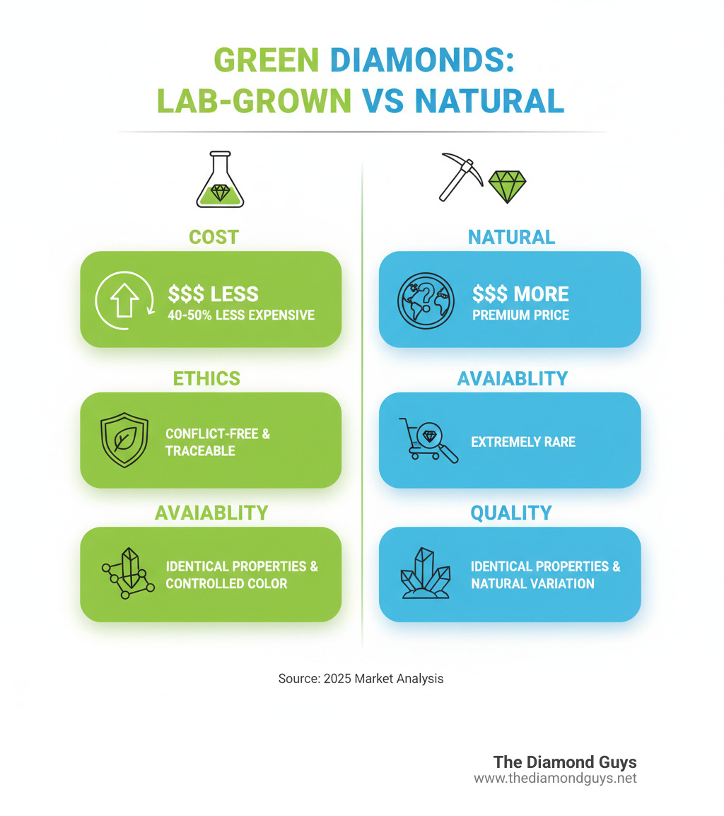 Infographic comparing lab-grown vs natural green diamonds showing four key differences: Cost (40-50% less for lab-grown), Ethics (conflict-free and traceable sourcing), Availability (readily available vs extremely rare), and Quality (identical chemical and physical properties with controlled color intensity) - lab created green diamond infographic 