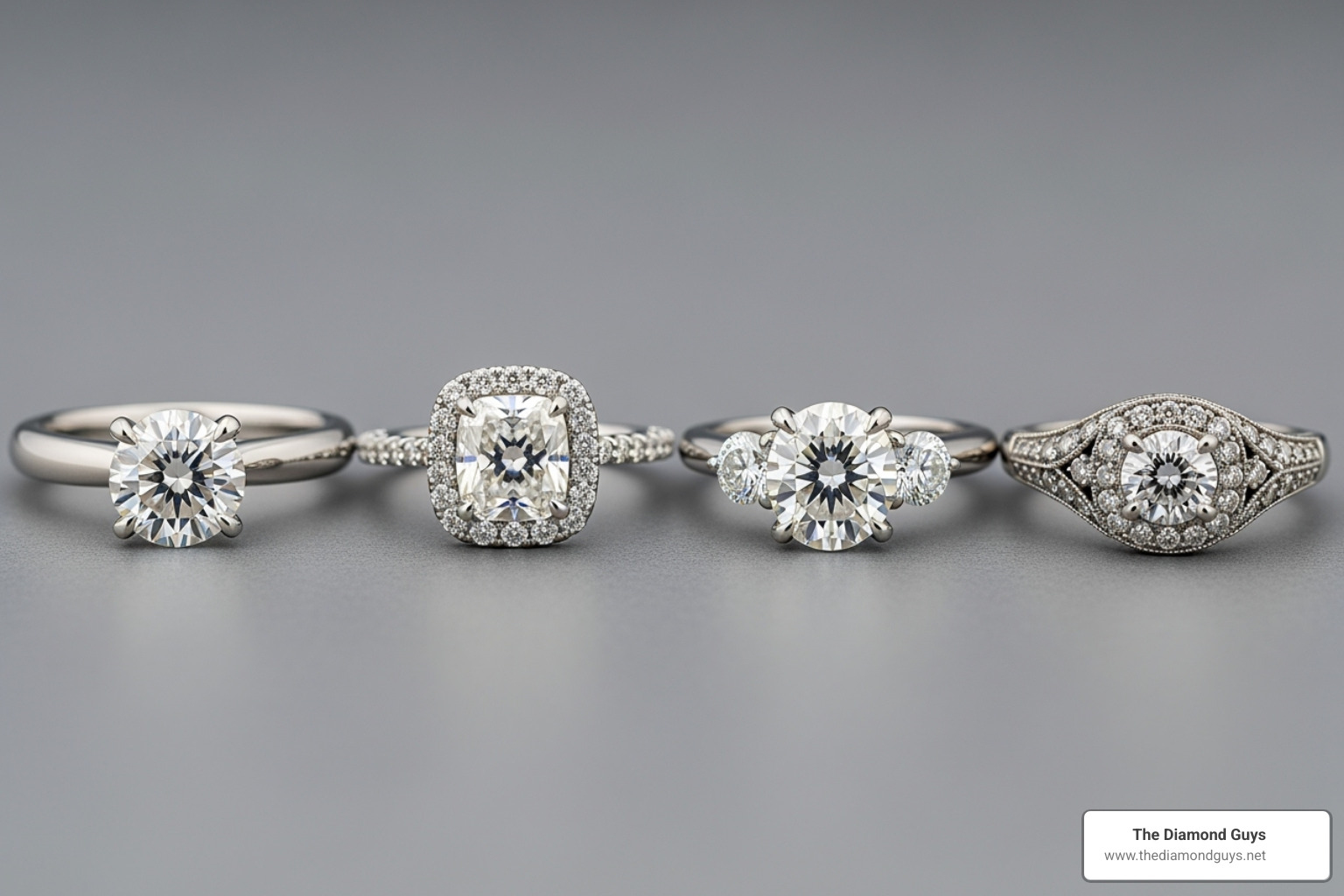 four different engagement ring styles side-by-side (solitaire, halo, three-stone, vintage) - engagement rings in scottsdale az