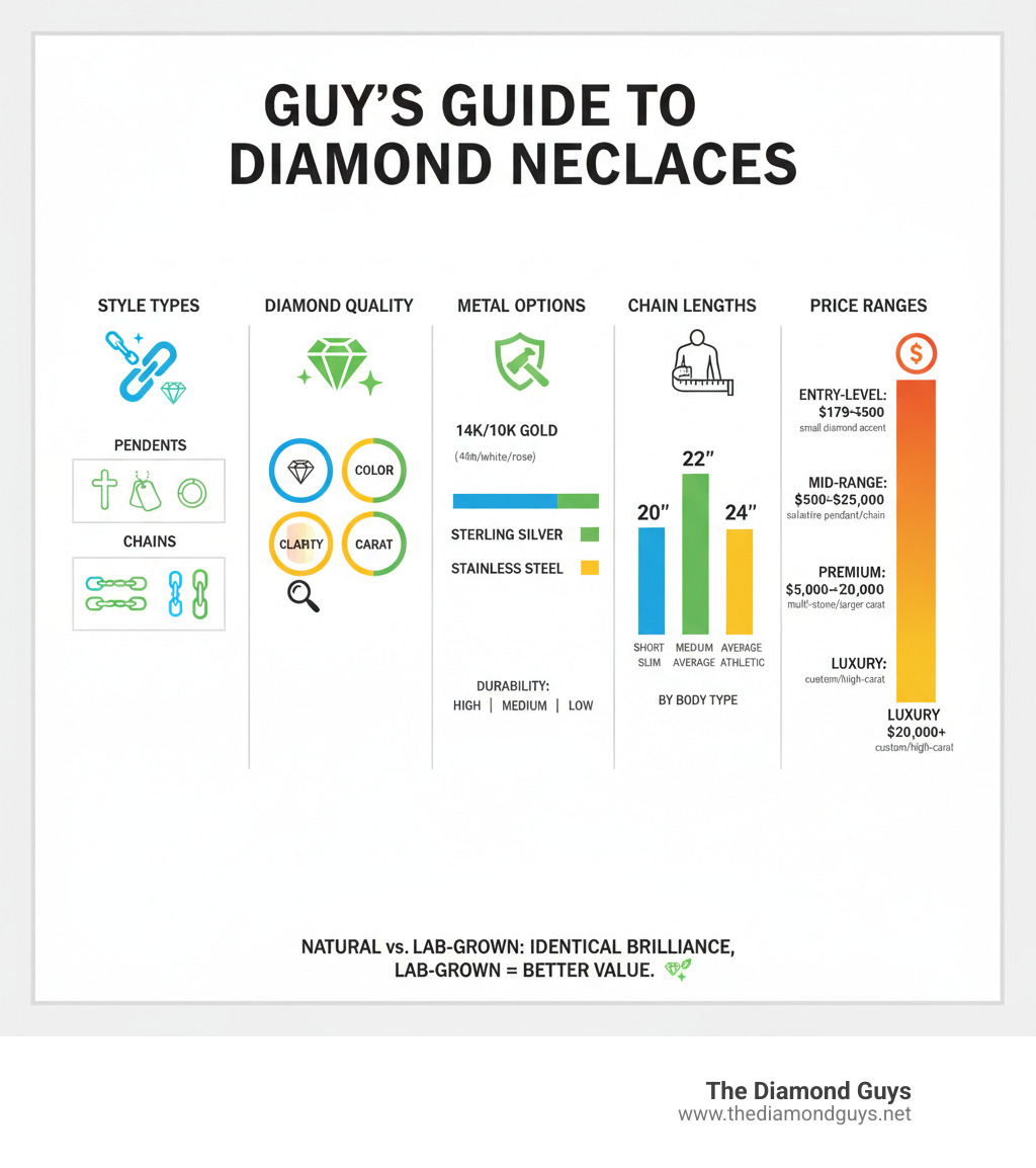 infographic showing key factors when choosing a diamond necklace for guys including style types (pendants vs chains), the 4Cs of diamond quality, popular metal options with durability ratings, recommended chain lengths by body type, and price ranges from entry-level to luxury with corresponding features - diamond necklace for guys infographic 