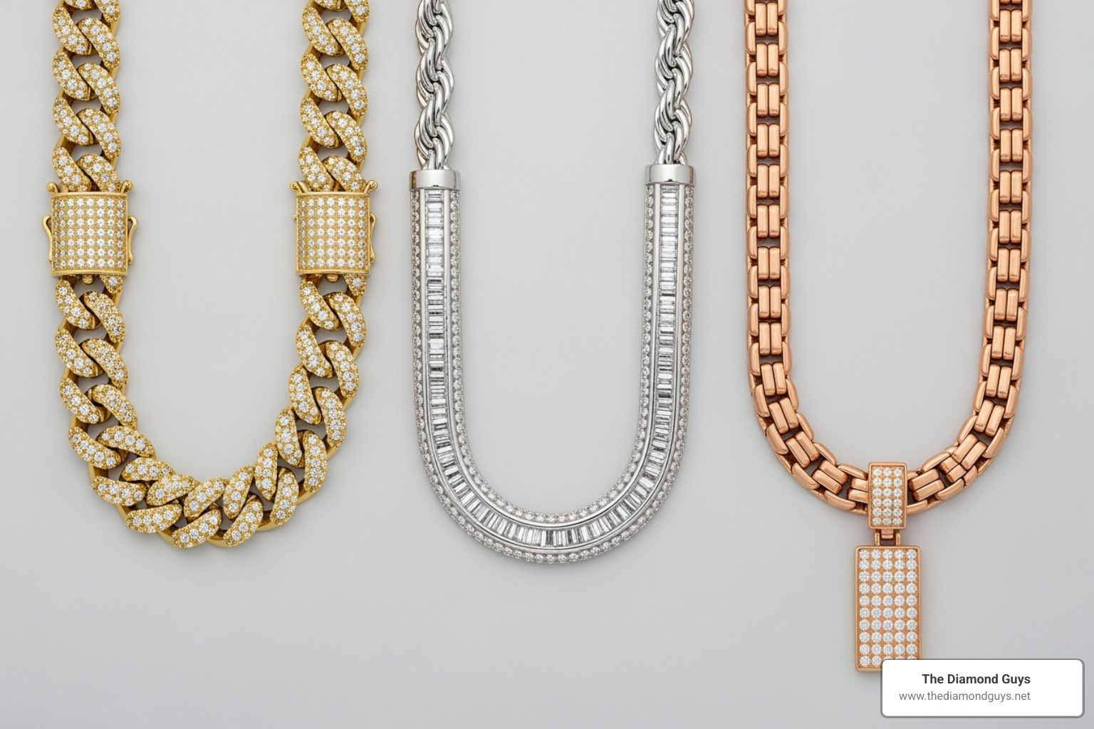 Image showing necklaces in yellow gold, white gold, and rose gold - diamond necklace for guys