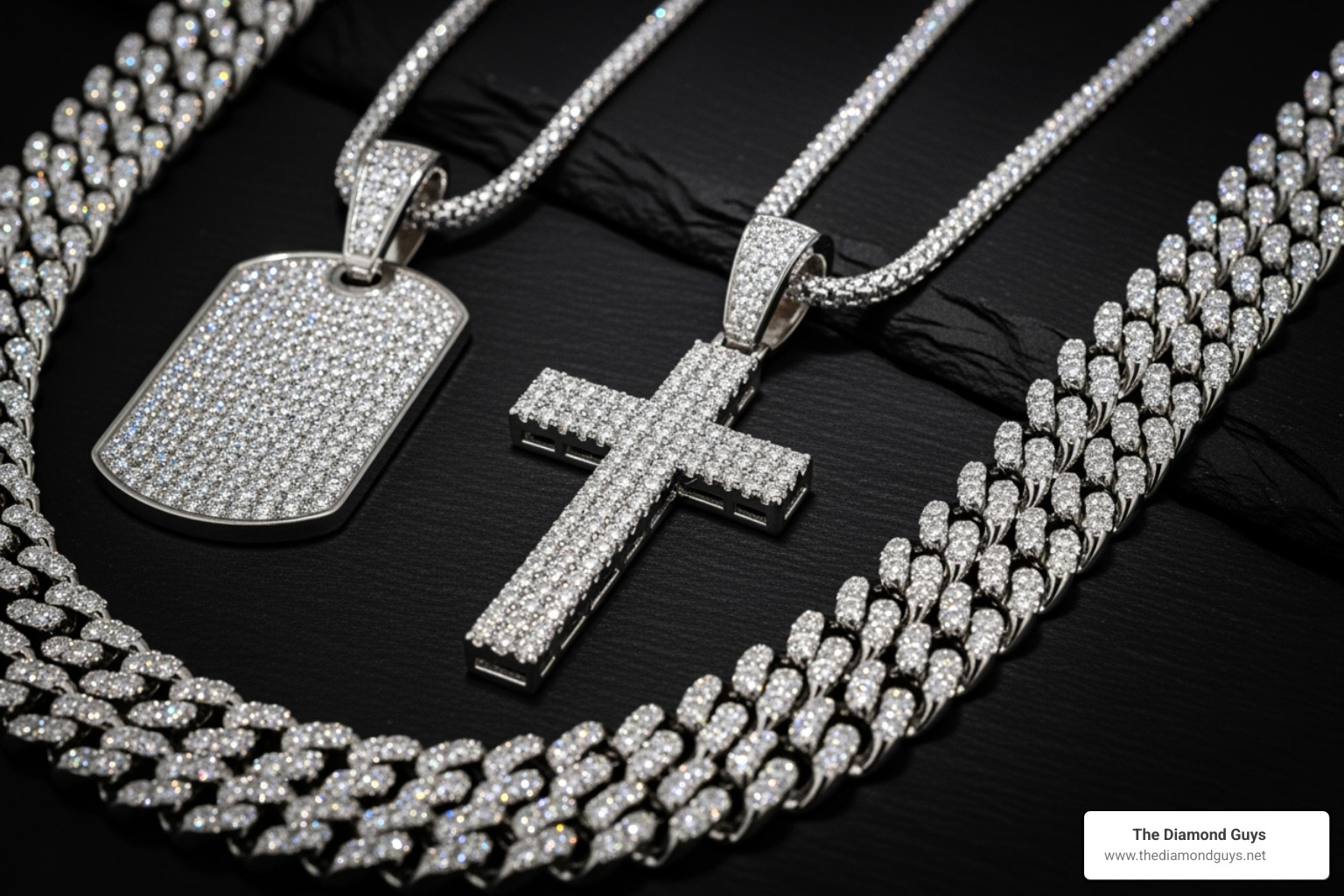 Image of different men's necklace styles like a cross pendant, a dog tag, and a Cuban link chain - diamond necklace for guys