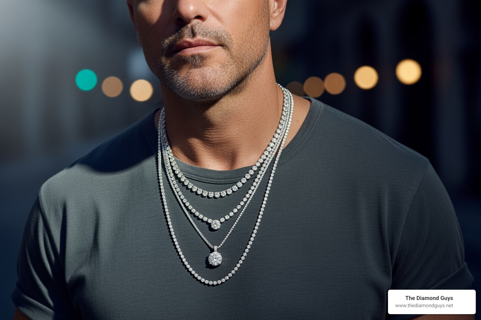 Image of a man layering diamond necklaces with a casual t-shirt - diamond necklace for guys