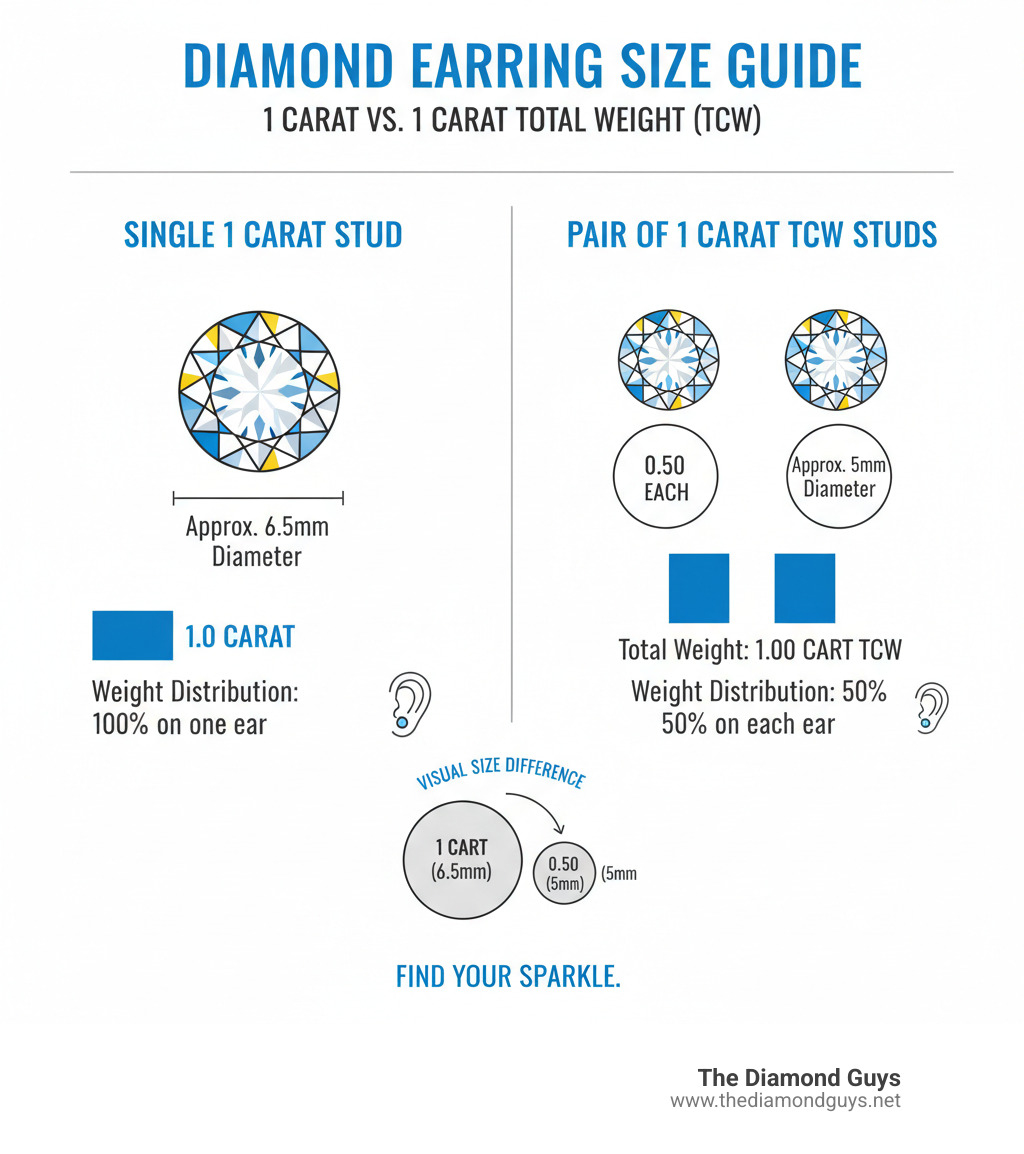 Infographic comparing 1 Carat vs 1 Carat Total Weight showing a single 1 carat diamond stud at approximately 6.5mm diameter versus a pair of 0.50 carat diamond studs totaling 1 carat TCW with each stone at approximately 5mm diameter, including visual size comparison and weight distribution breakdown - mens 1 carat diamond earrings infographic 