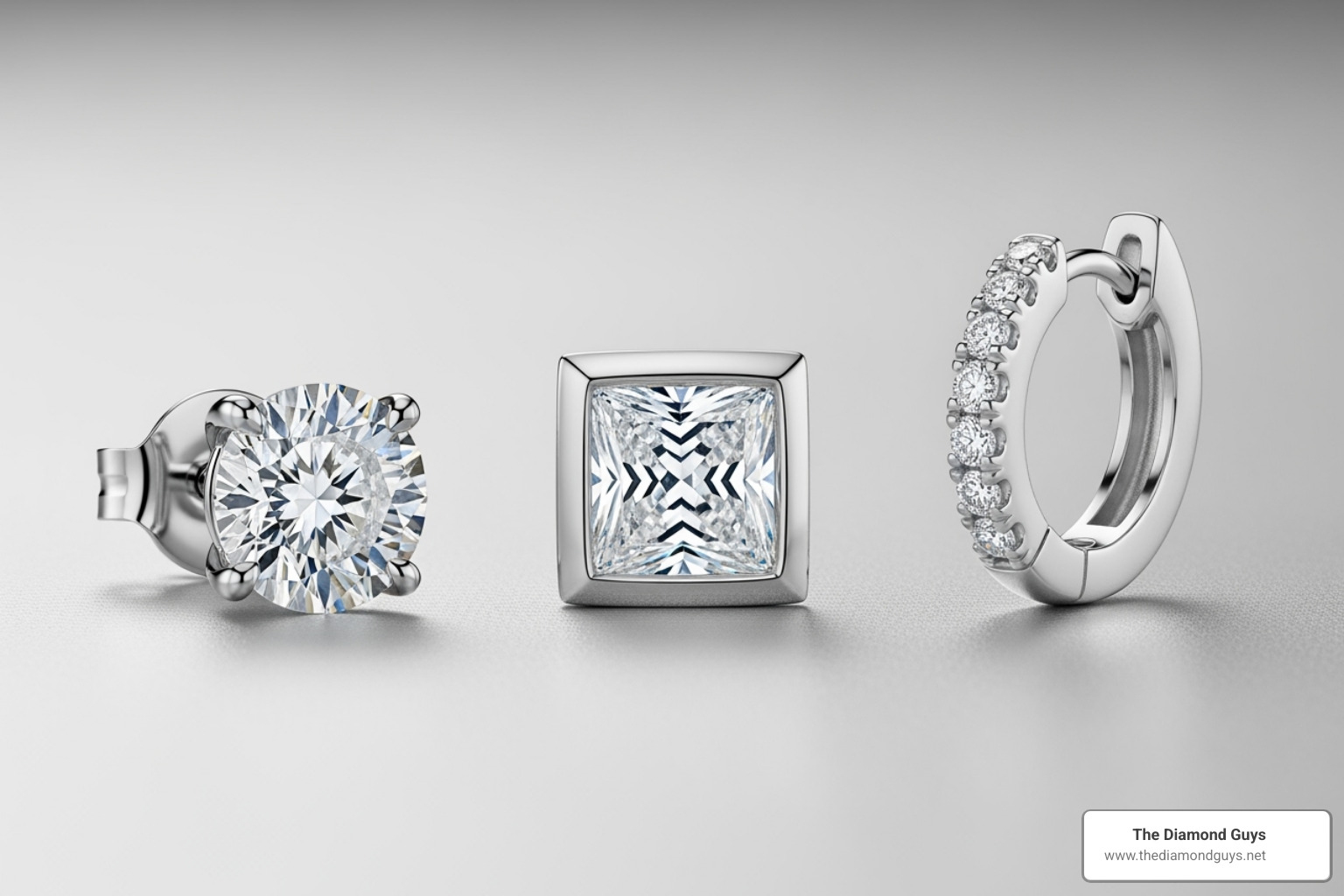 three different men's diamond earring styles: a classic round stud, a square princess-cut stud, and a small diamond hoop - mens 1 carat diamond earrings