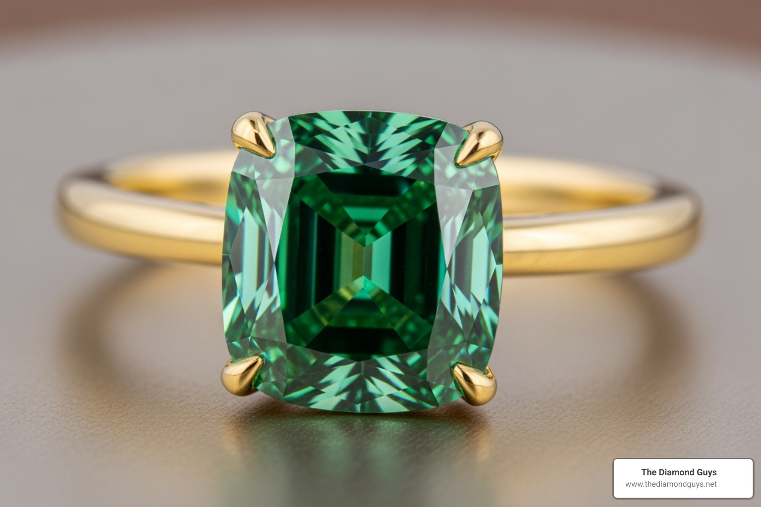 cushion-cut green lab diamond ring in a yellow gold setting - green lab diamond