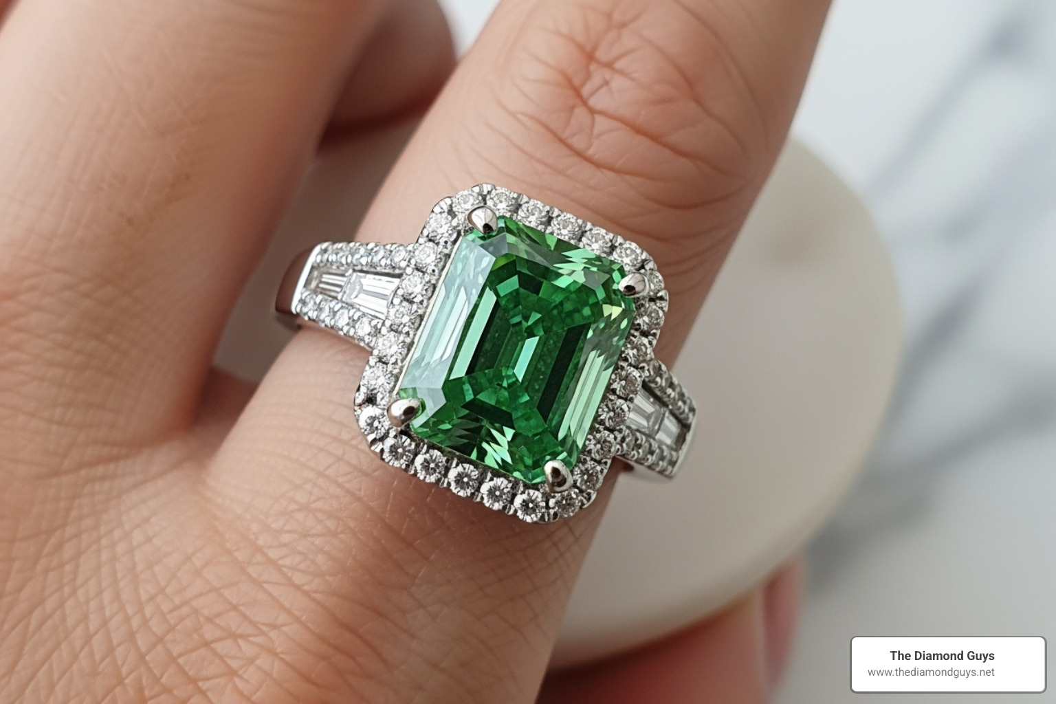 radiant-cut green lab diamond in a platinum halo setting - green lab diamond