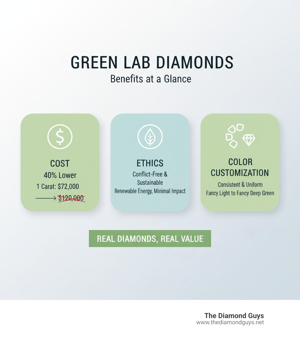 Infographic showing three main benefits of green lab diamonds: 1) Cost - 40% lower than natural green diamonds with example pricing ($72,000 vs $120,000 for 1 carat), 2) Ethics - conflict-free, sustainable production with renewable energy, minimal environmental impact, 3) Color Customization - controlled lab environment allows for consistent color from Fancy Light to Fancy Deep Green with uniform distribution throughout the stone - green lab diamond infographic 