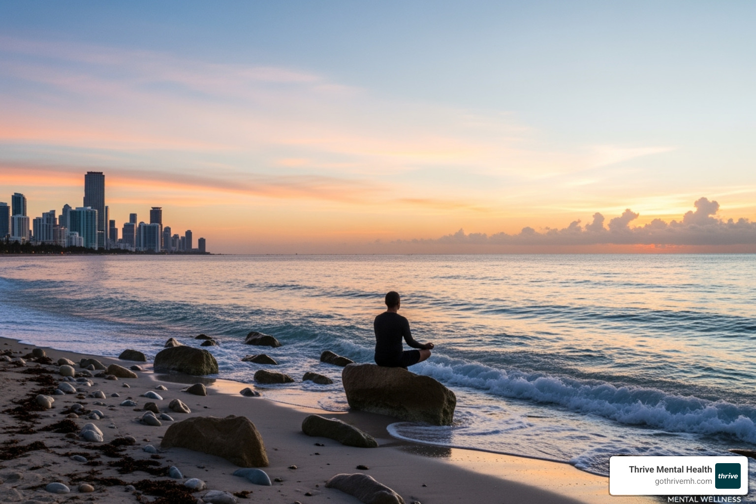 Person on laptop searching for mental health services with a map of Miami in the background - Find an adult intensive outpatient mental health program near me in Miami.