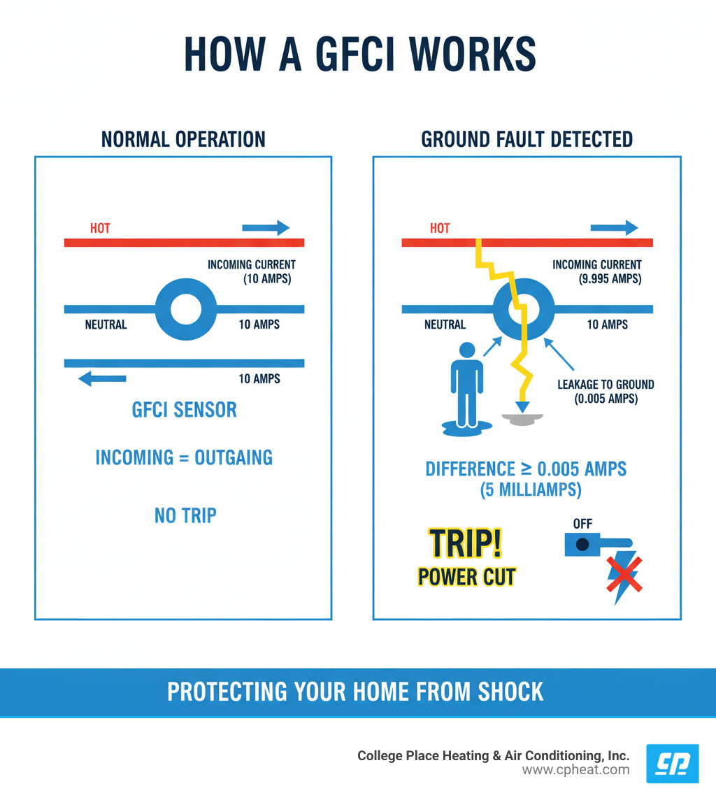 Infographic showing how a GFCI outlet works: comparing incoming and outgoing electrical current through hot and neutral wires, with the GFCI tripping when it detects a difference of 5 milliamps or more, cutting power to prevent electric shock; includes visual representation of ground fault scenario with current leaking through water or person to ground - GFCI outlet troubleshooting infographic 