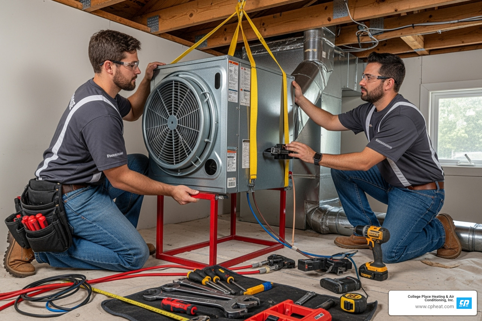 Technicians professionally installing an indoor air handler - AC installation Milton Freewater