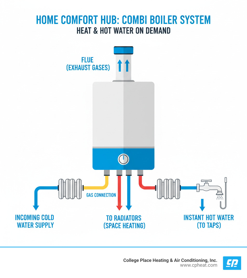 infographic showing a combi boiler providing both space heating to radiators and instant hot water to taps from a single wall-mounted unit, with labels indicating the incoming cold water supply, gas connection, flue for exhaust gases, and outputs to heating zones and hot water fixtures - cost to fit a combi boiler infographic 