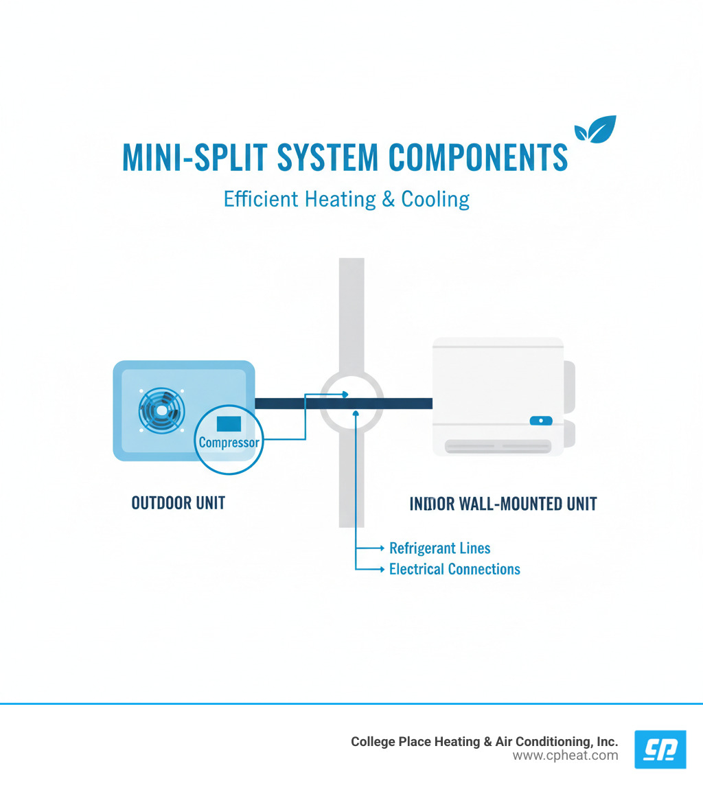infographic showing the basic components of a mini-split system with labeled outdoor unit, indoor wall-mounted unit, and conduit connecting them through an exterior wall, with callouts for compressor, refrigerant lines, and electrical connections - mini split estimate infographic 