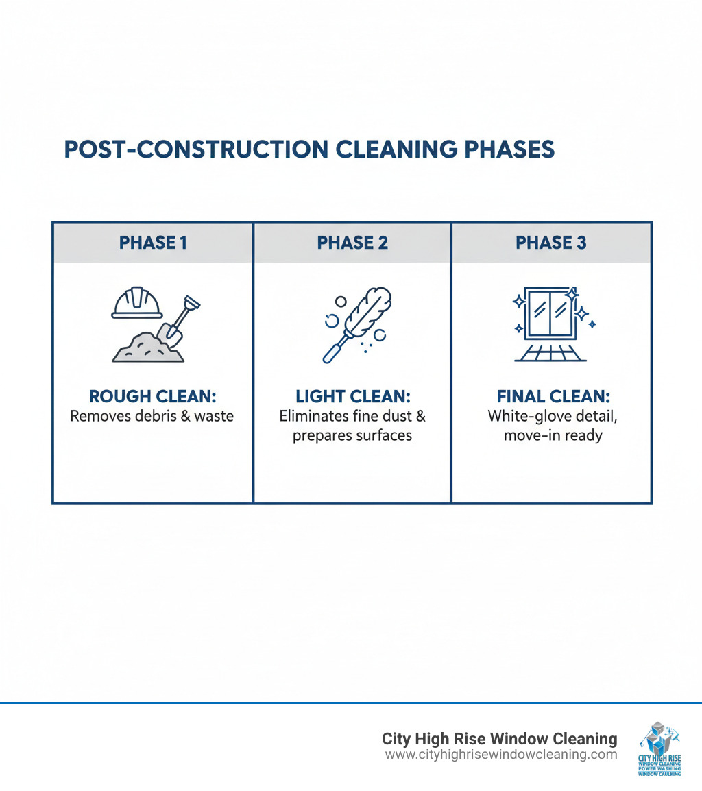 Infographic showing the three critical phases of post-construction cleaning: Phase 1 Rough Clean removes debris and waste materials, Phase 2 Light Clean eliminates fine dust and prepares surfaces, and Phase 3 Final Clean delivers white-glove detail work including window washing and floor polishing for move-in readiness - construction cleaning company infographic Infographic showing the three critical phases of post-construction cleaning: Phase 1 Rough Clean removes debris and waste materials, Phase 2 Light Clean eliminates fine dust and prepares surfaces, and Phase 3 Final Clean delivers white-glove detail work including window washing and floor polishing for move-in readiness - construction cleaning company infographic