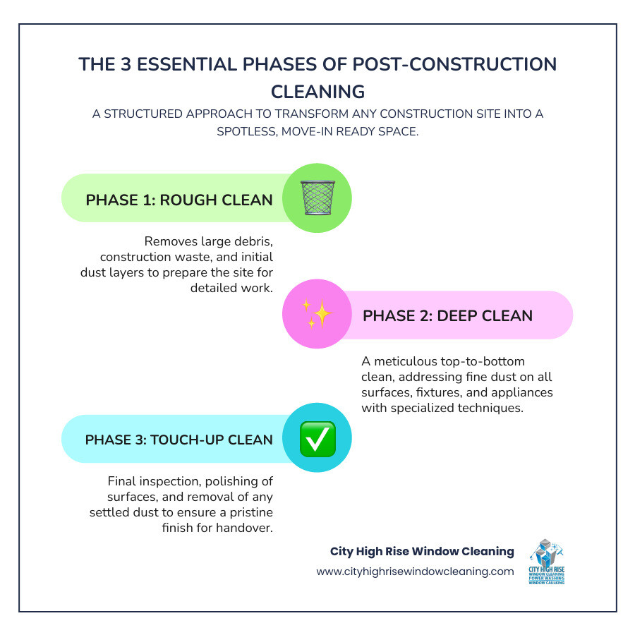infographic showing the three phases of post construction cleaning with tasks for rough clean, deep clean, and touch-up clean - post construction cleaning infographic infographic-line-3-steps-colors infographic showing the three phases of post construction cleaning with tasks for rough clean, deep clean, and touch-up clean - post construction cleaning infographic infographic-line-3-steps-colors