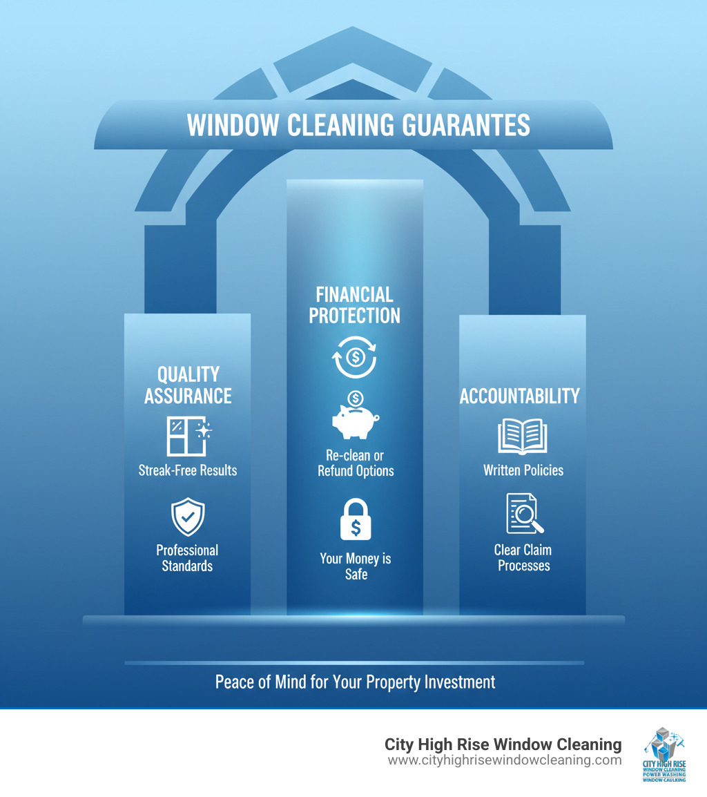 Infographic showing three pillars of window cleaning guarantees: Quality Assurance (streak-free results and professional standards), Financial Protection (your money is safe with re-clean or refund options), and Accountability (written policies and clear claim processes) - guaranteed window cleaning infographic Infographic showing three pillars of window cleaning guarantees: Quality Assurance (streak-free results and professional standards), Financial Protection (your money is safe with re-clean or refund options), and Accountability (written policies and clear claim processes) - guaranteed window cleaning infographic