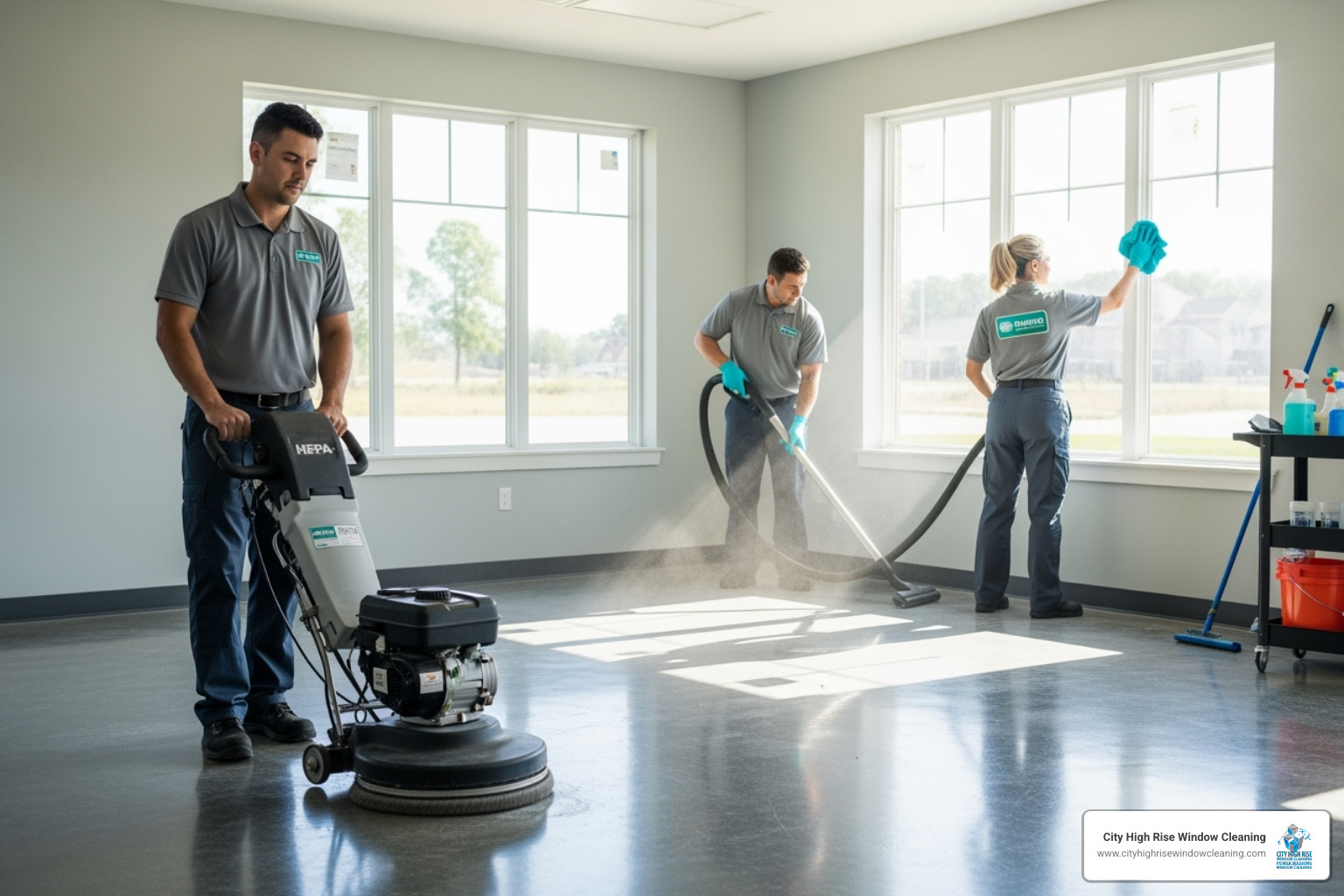 A professional cleaning team using specialized equipment like floor buffers and HEPA vacuums in a newly constructed space - construction cleaning company A professional cleaning team using specialized equipment like floor buffers and HEPA vacuums in a newly constructed space - construction cleaning company