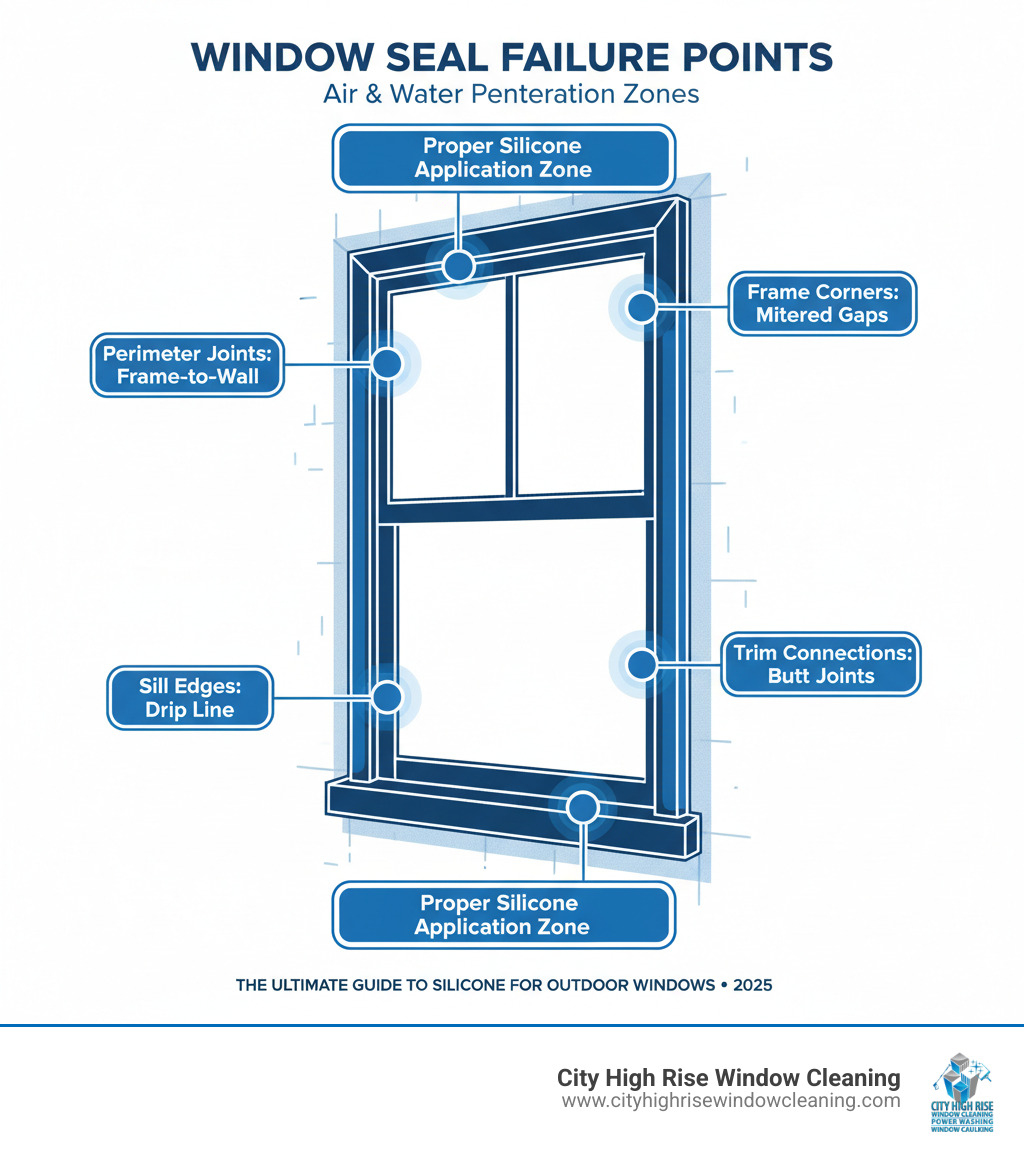 infographic showing common failure points on exterior window frames including perimeter joints, frame corners, sill edges, and trim connections where air and water penetration typically occurs, with callouts for proper silicone application zones - silicone for outdoor windows infographic infographic showing common failure points on exterior window frames including perimeter joints, frame corners, sill edges, and trim connections where air and water penetration typically occurs, with callouts for proper silicone application zones - silicone for outdoor windows infographic