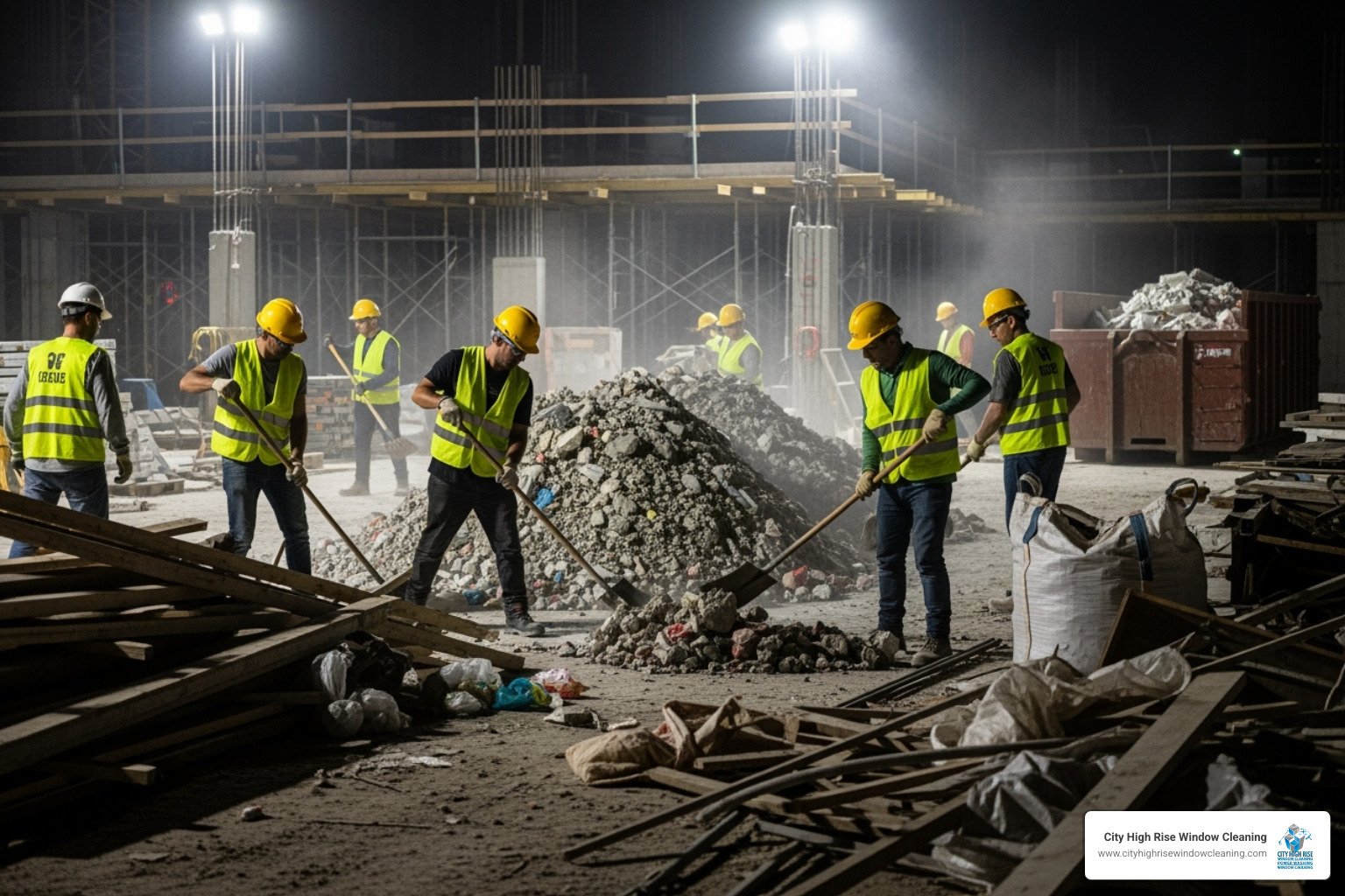 A cleaning crew performing a rough clean on a construction site, sweeping large debris and materials into piles - construction cleaning company A cleaning crew performing a rough clean on a construction site, sweeping large debris and materials into piles - construction cleaning company