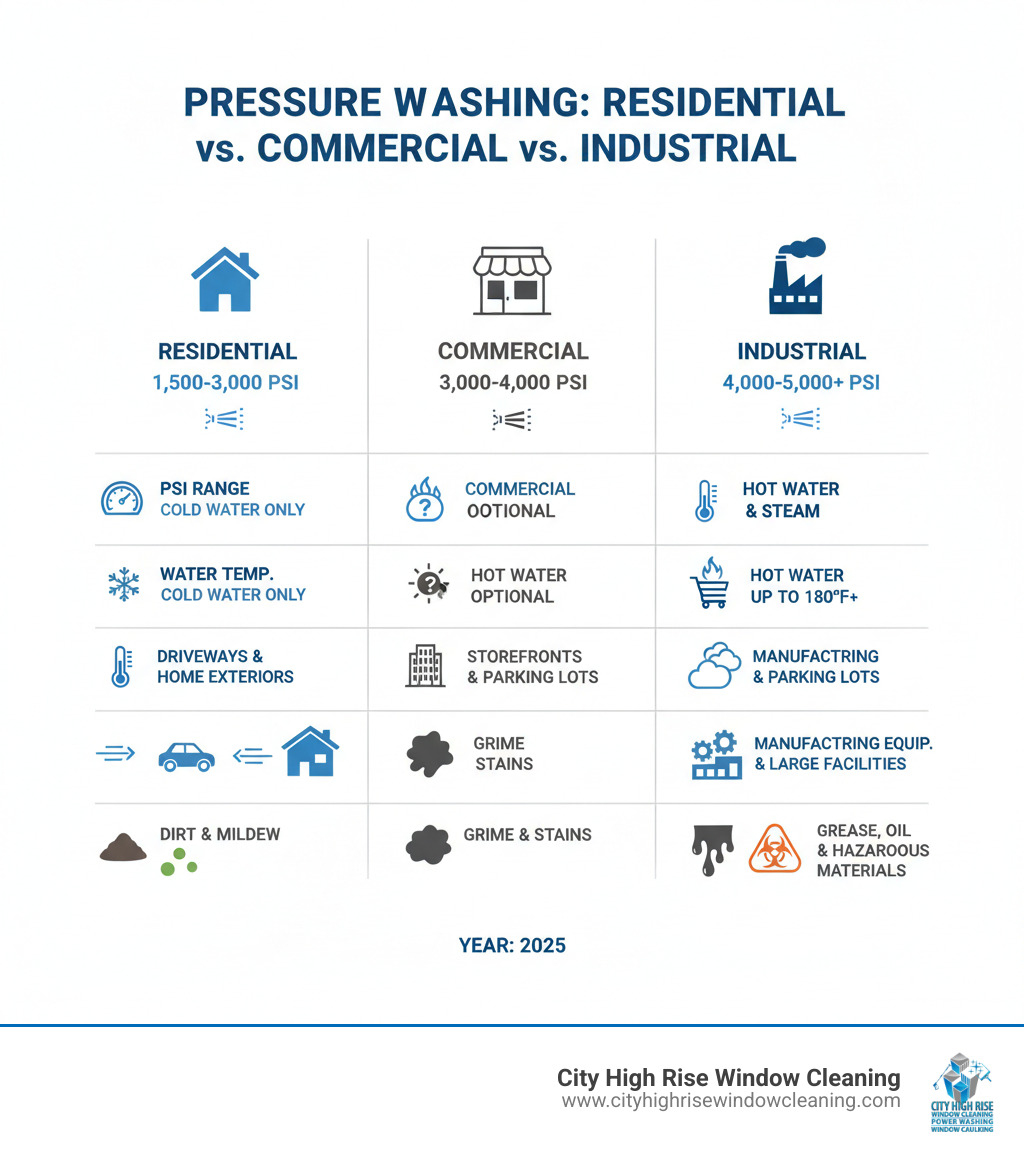Infographic showing the differences between residential, commercial, and industrial pressure washing including PSI ranges (residential: 1,500-3,000 PSI, commercial: 3,000-4,000 PSI, industrial: 4,000-5,000+ PSI), water temperature capabilities (residential: cold water only, commercial: hot water optional, industrial: hot water and steam up to 180°F+), typical surfaces cleaned (residential: driveways and home exteriors, commercial: storefronts and parking lots, industrial: manufacturing equipment and large facilities), and common contaminants removed (residential: dirt and mildew, commercial: grime and stains, industrial: grease, oil, rust, and hazardous materials) - industrial pressure washing services infographic Infographic showing the differences between residential, commercial, and industrial pressure washing including PSI ranges (residential: 1,500-3,000 PSI, commercial: 3,000-4,000 PSI, industrial: 4,000-5,000+ PSI), water temperature capabilities (residential: cold water only, commercial: hot water optional, industrial: hot water and steam up to 180°F+), typical surfaces cleaned (residential: driveways and home exteriors, commercial: storefronts and parking lots, industrial: manufacturing equipment and large facilities), and common contaminants removed (residential: dirt and mildew, commercial: grime and stains, industrial: grease, oil, rust, and hazardous materials) - industrial pressure washing services infographic