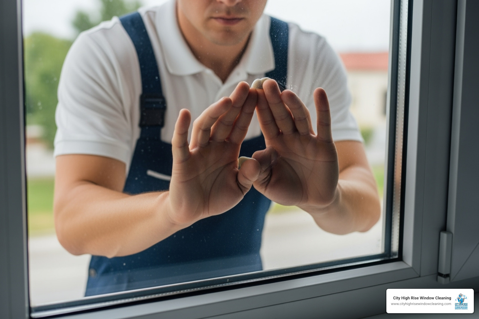 A uniformed technician performing a final quality check on a window - guaranteed window cleaning A uniformed technician performing a final quality check on a window - guaranteed window cleaning