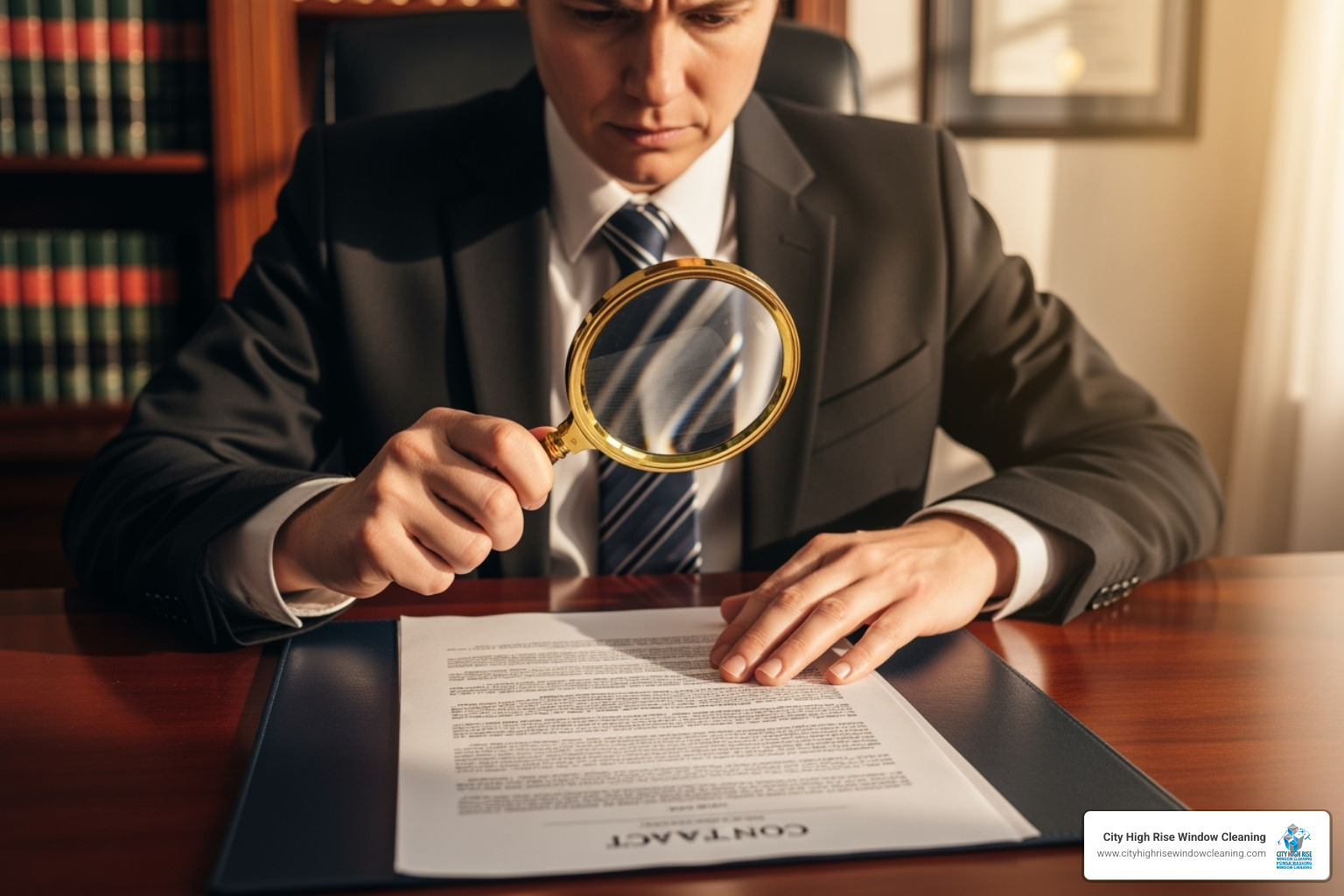 A person reading a contract with a magnifying glass - guaranteed window cleaning A person reading a contract with a magnifying glass - guaranteed window cleaning