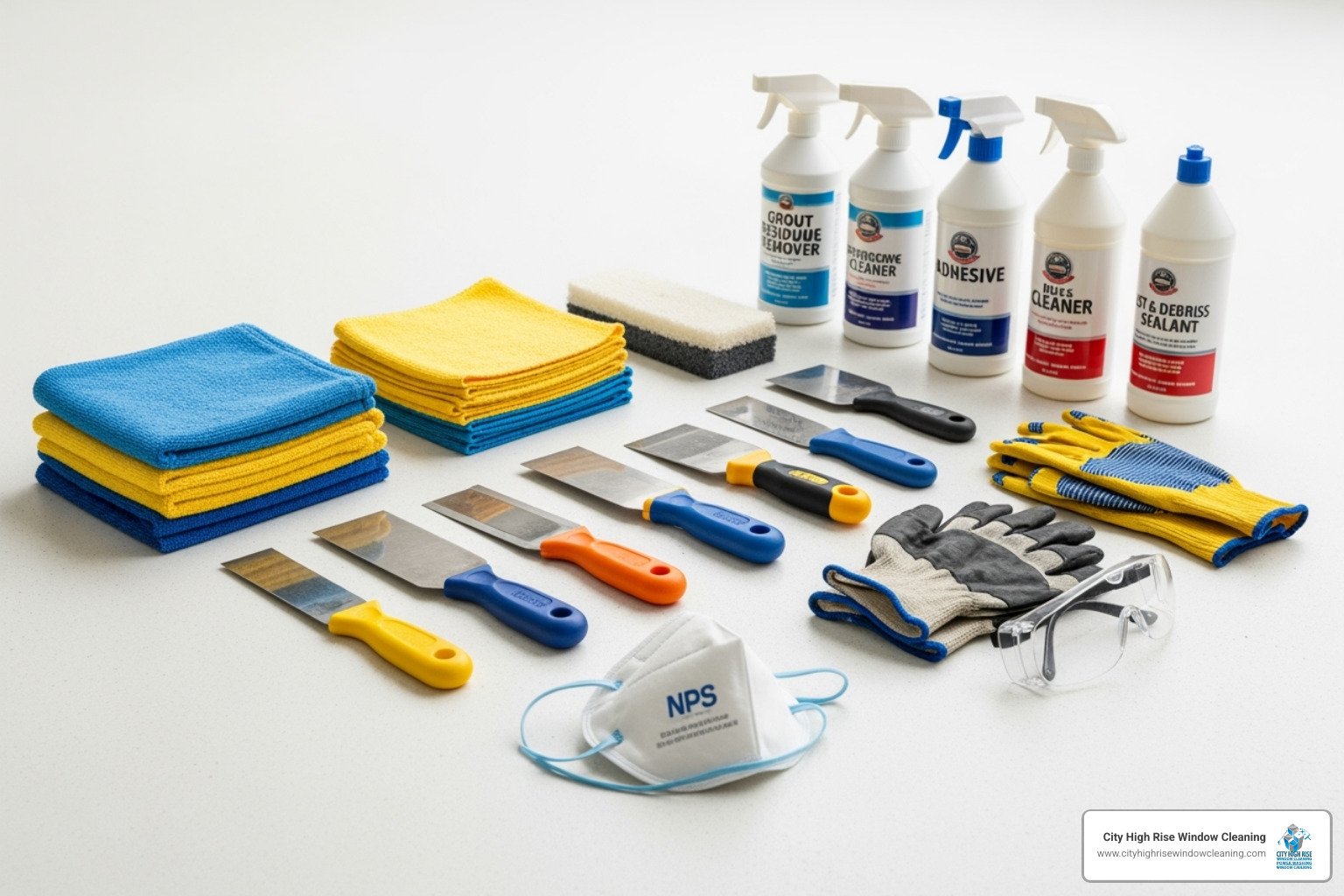 Various essential cleaning supplies including microfiber cloths, scrapers, specialized cleaning solutions, and safety gear - post construction cleaning Various essential cleaning supplies including microfiber cloths, scrapers, specialized cleaning solutions, and safety gear - post construction cleaning