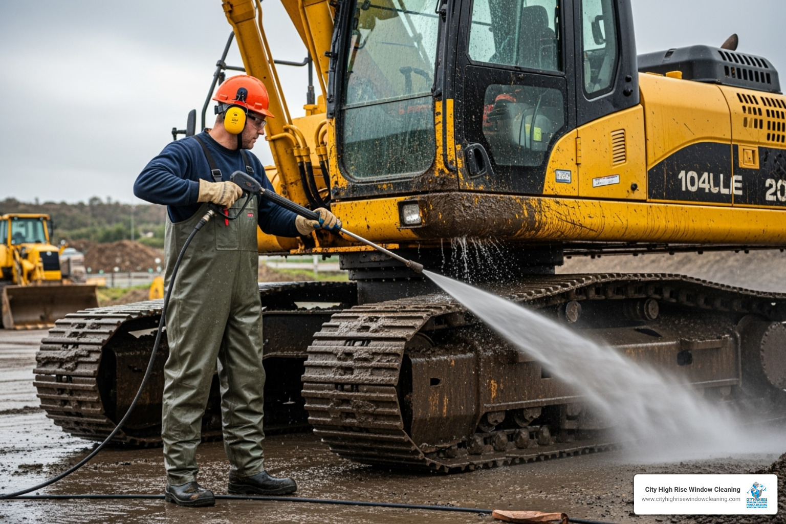 A technician in safety gear pressure washing a large piece of yellow construction machinery, removing mud and grime - industrial pressure washing services A technician in safety gear pressure washing a large piece of yellow construction machinery, removing mud and grime - industrial pressure washing services