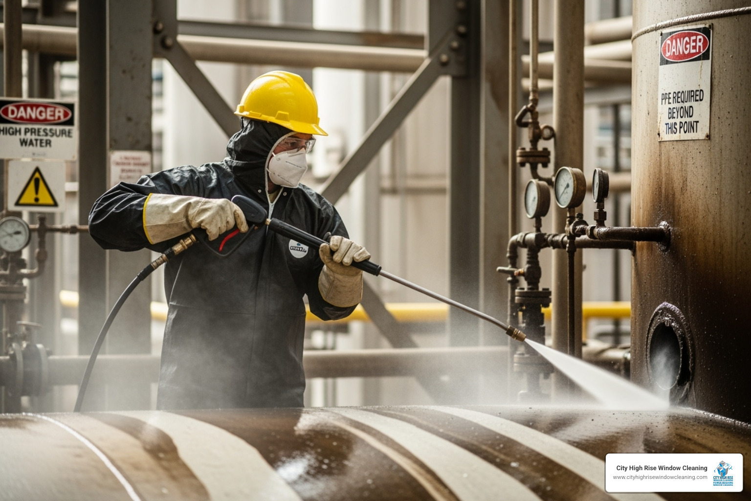 A certified technician in full personal protective equipment (PPE) operating a pressure washer, emphasizing safety protocols - industrial pressure washing services A certified technician in full personal protective equipment (PPE) operating a pressure washer, emphasizing safety protocols - industrial pressure washing services