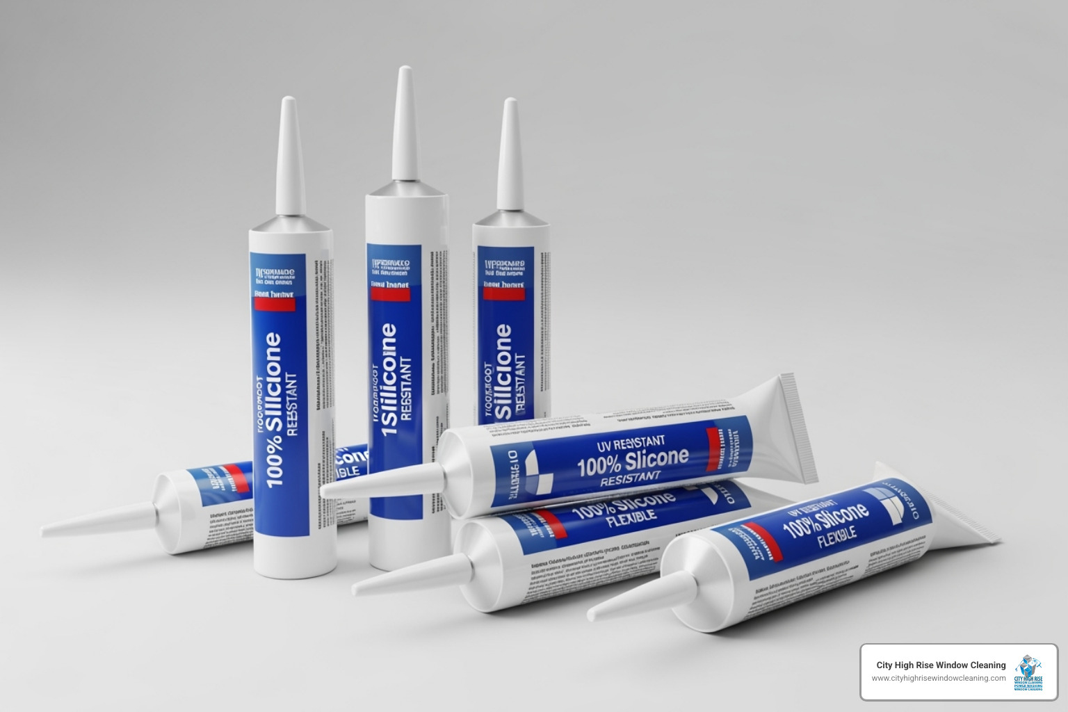 image of different generic silicone caulk tubes highlighting features like "100% Silicone" and "UV Resistant" - silicone for outdoor windows image of different generic silicone caulk tubes highlighting features like "100% Silicone" and "UV Resistant" - silicone for outdoor windows