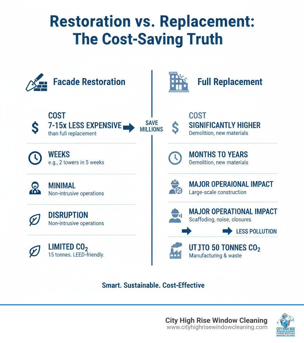 Infographic comparing the cost, timeline, disruption, and environmental impact of commercial facade restoration versus full replacement. - Commercial facade restoration infographic Infographic comparing the cost, timeline, disruption, and environmental impact of commercial facade restoration versus full replacement. - Commercial facade restoration infographic