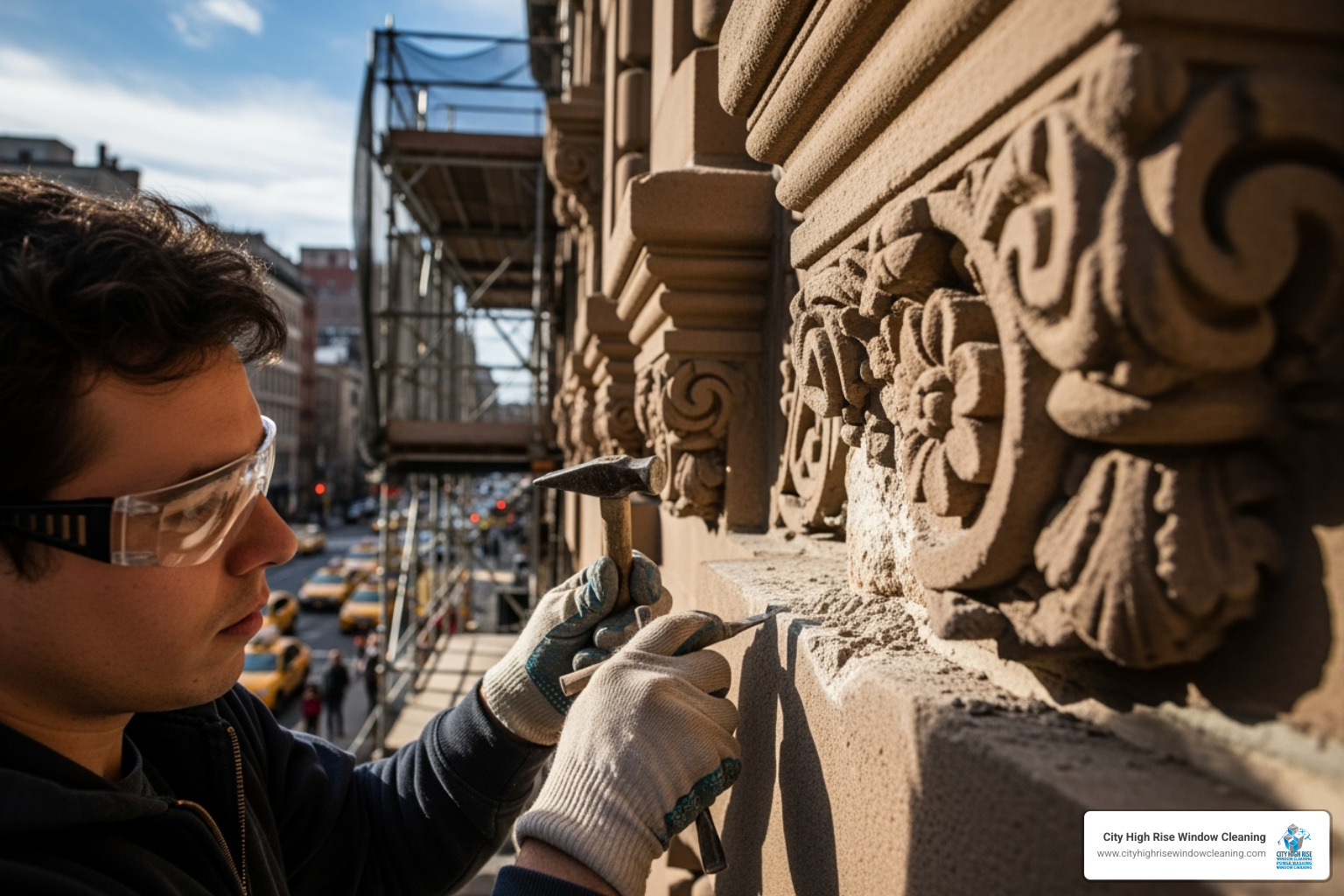 Technician restoring stone facade detail. Alt text: Commercial facade restoration expert repairing stonework in NYC. - Commercial facade restoration Technician restoring stone facade detail. Alt text: Commercial facade restoration expert repairing stonework in NYC. - Commercial facade restoration