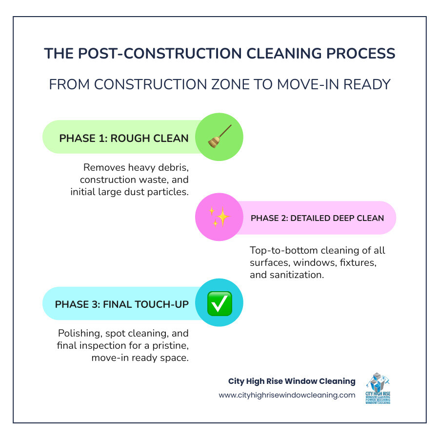 Infographic showing the post-construction cleaning process: Phase 1 Rough Clean removes debris and heavy dust; Phase 2 Detail Clean involves top-to-bottom surface cleaning, window washing, and sanitizing; Phase 3 Final Touch-Up ensures a pristine, move-in-ready space with polished fixtures and final inspections - post construction cleaning services near me infographic infographic-line-3-steps-colors Infographic showing the post-construction cleaning process: Phase 1 Rough Clean removes debris and heavy dust; Phase 2 Detail Clean involves top-to-bottom surface cleaning, window washing, and sanitizing; Phase 3 Final Touch-Up ensures a pristine, move-in-ready space with polished fixtures and final inspections - post construction cleaning services near me infographic infographic-line-3-steps-colors