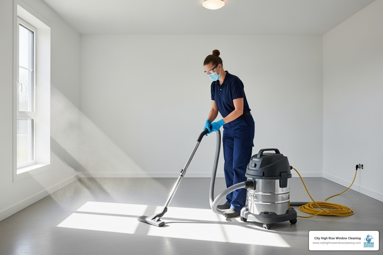 Professional cleaner in uniform and PPE using a HEPA filter vacuum in a newly constructed room, demonstrating rough clean, detail clean, and final clean steps - post construction cleaning services near me Professional cleaner in uniform and PPE using a HEPA filter vacuum in a newly constructed room, demonstrating rough clean, detail clean, and final clean steps - post construction cleaning services near me