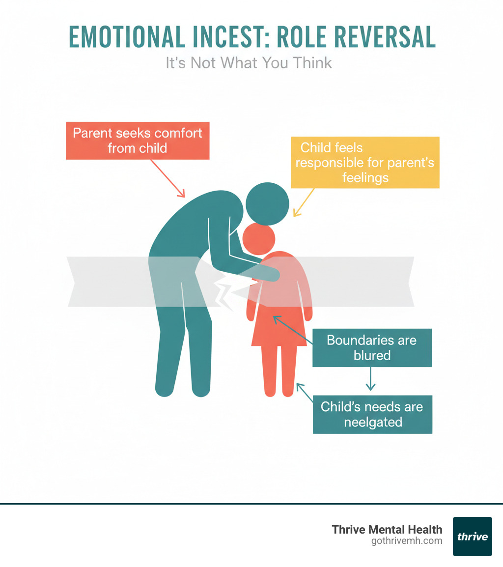 Infographic showing a parent leaning emotionally on a child with labels: "Parent seeks comfort from child," "Child feels responsible for parent's feelings," "Boundaries are blurred," and "Child's needs are neglected" - Emotional Incest Doesn’t Mean What You Think It Means infographic 