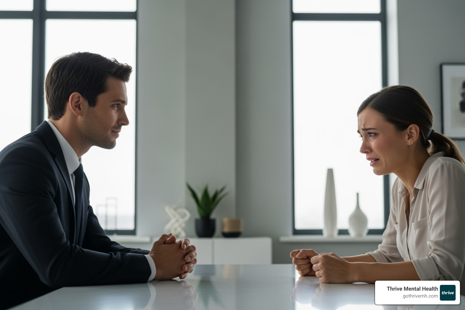 A tense conversation with one person looking calm and manipulative, while the other is visibly upset and distressed. - What Is Reactive Abuse?